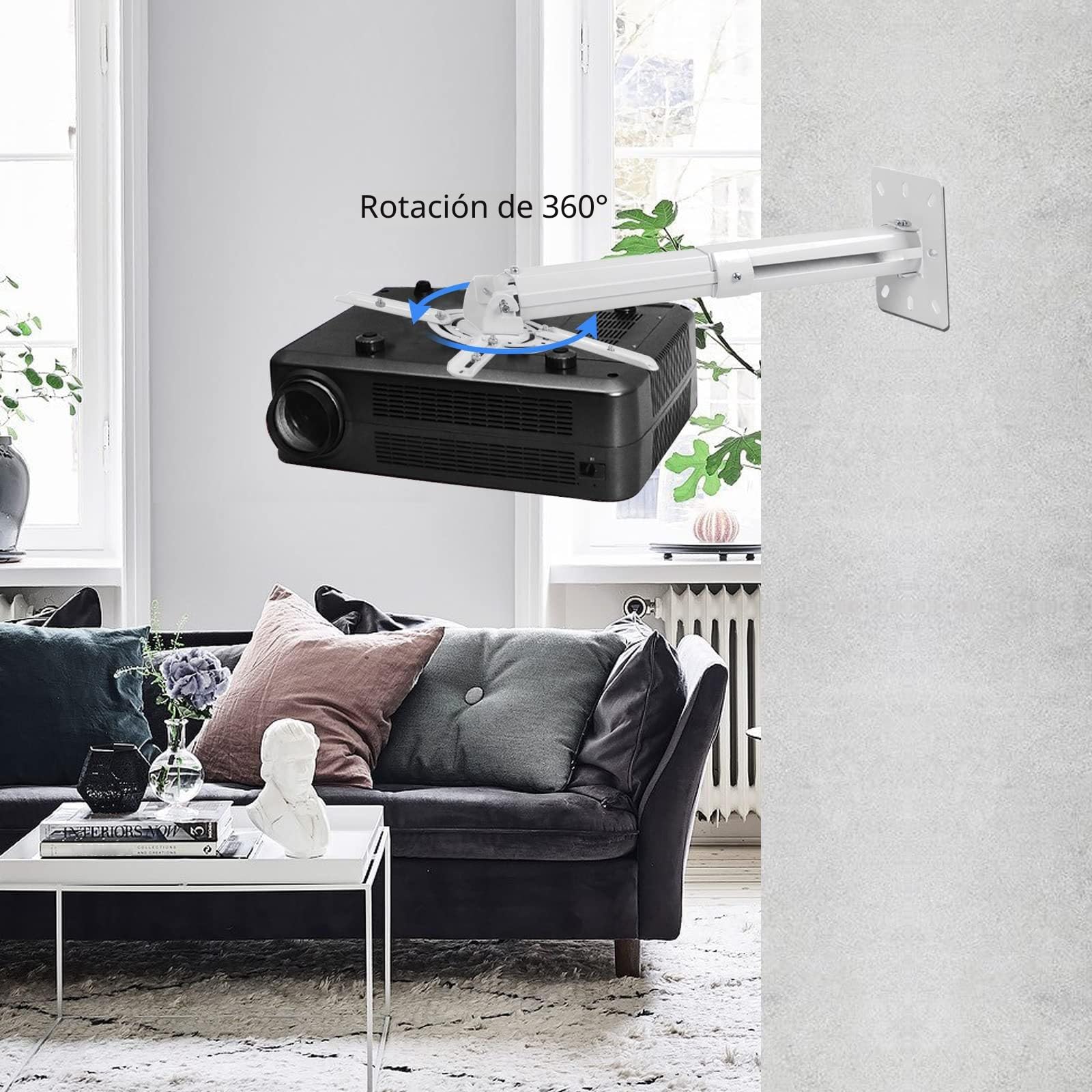 suptek Soporte Proyector Techo y Pared Universal: Soporte 3 en 1 con Brazo Extensible 21-54cm, Carga Máx. 13.6kg, Inclinación ±90° y Rotación 360°, Acero Robusto, Blanco, PR05W