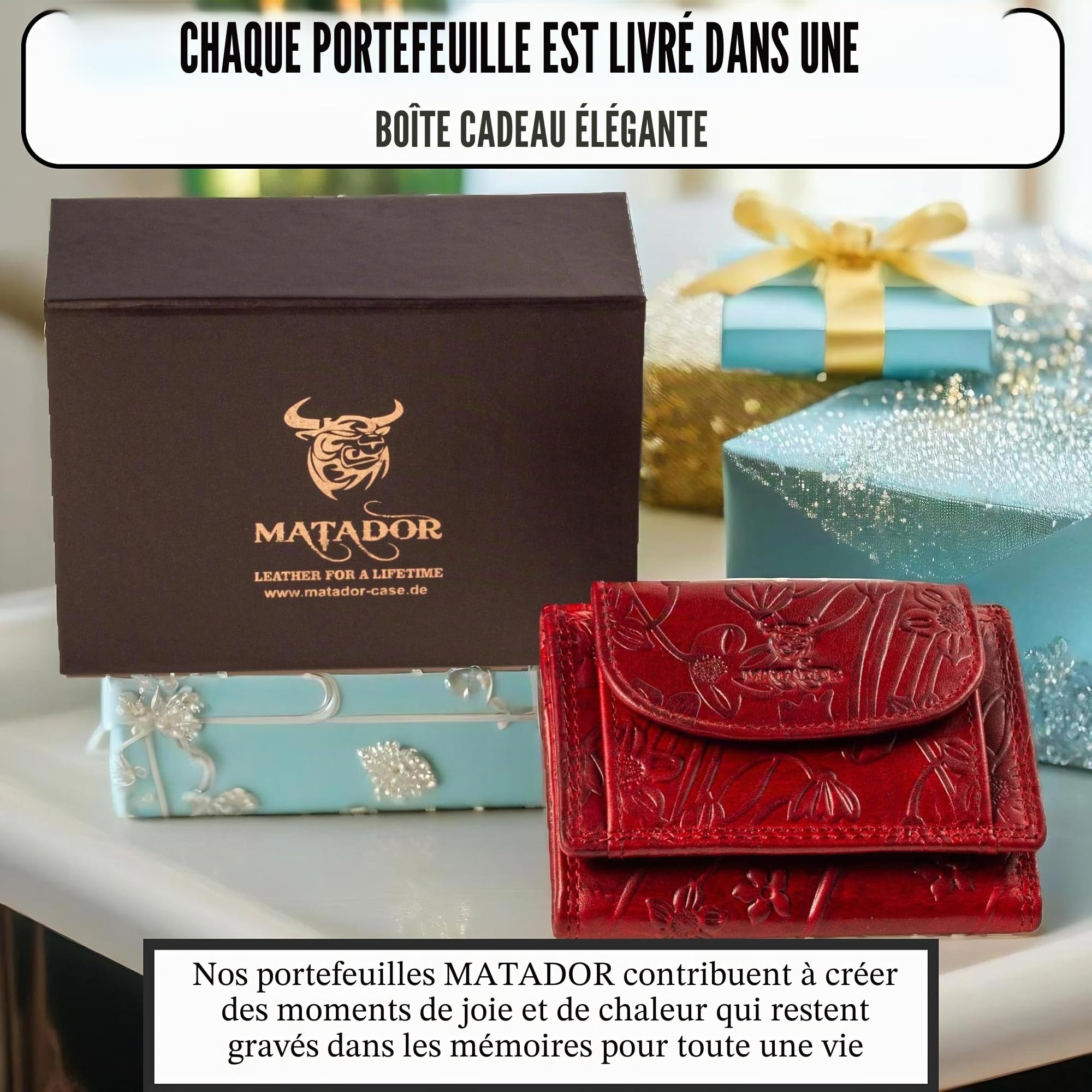 MATADOR Petit Portefeuille Femme Cuir #GENÈVE Portefeuille Femme avec Noble Boîte Cadeau, Porte-Monnaie de Luxe avec RFID, Mini Portefeuille avec de Nombreux Compartiments à Cartes en Fleurs Rouge