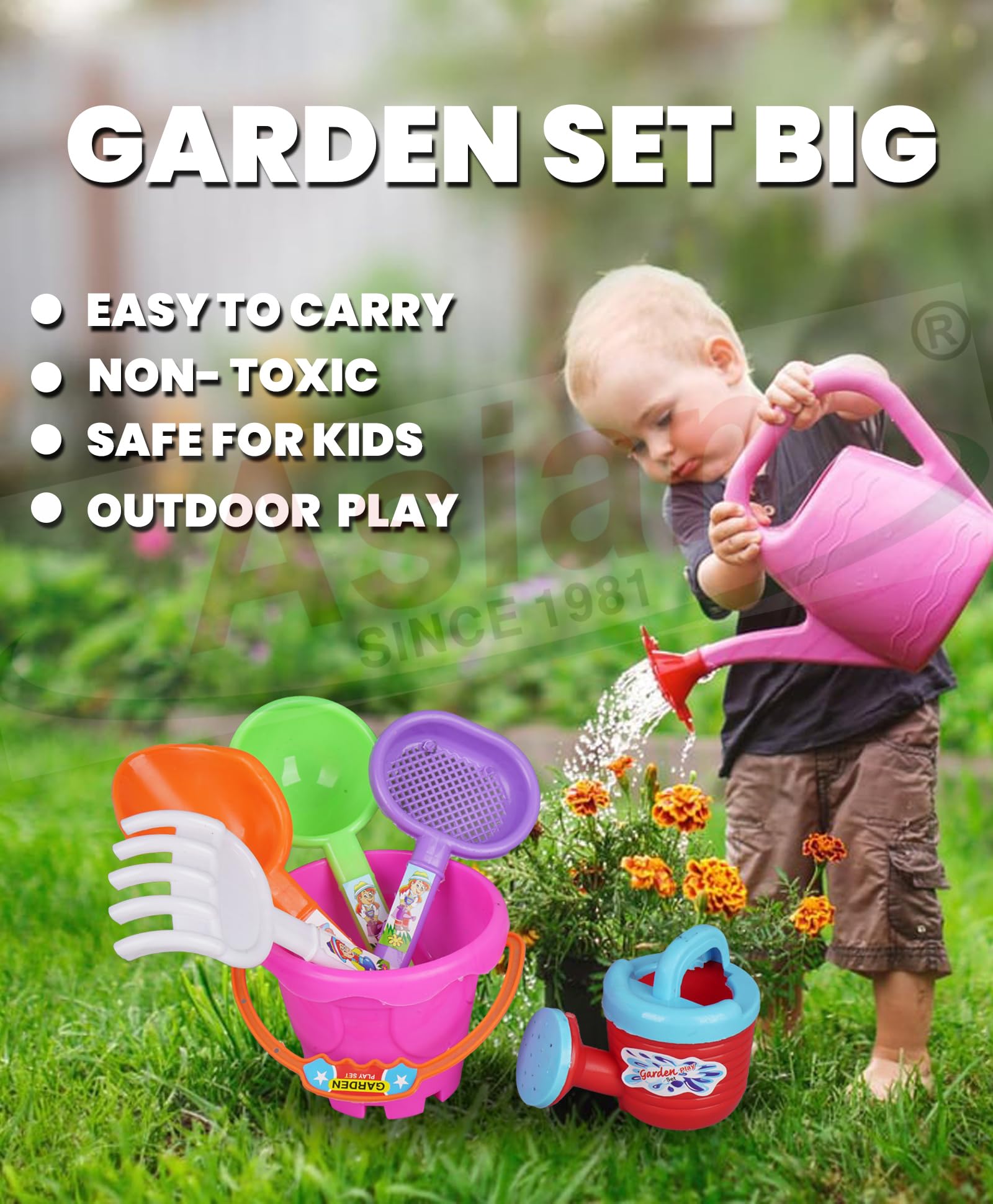 Asian Garden Set with Buckets, Spades, and Scoops and Crab Tool for Kids and Toddlers Multicolor - Image 5 thumbnail