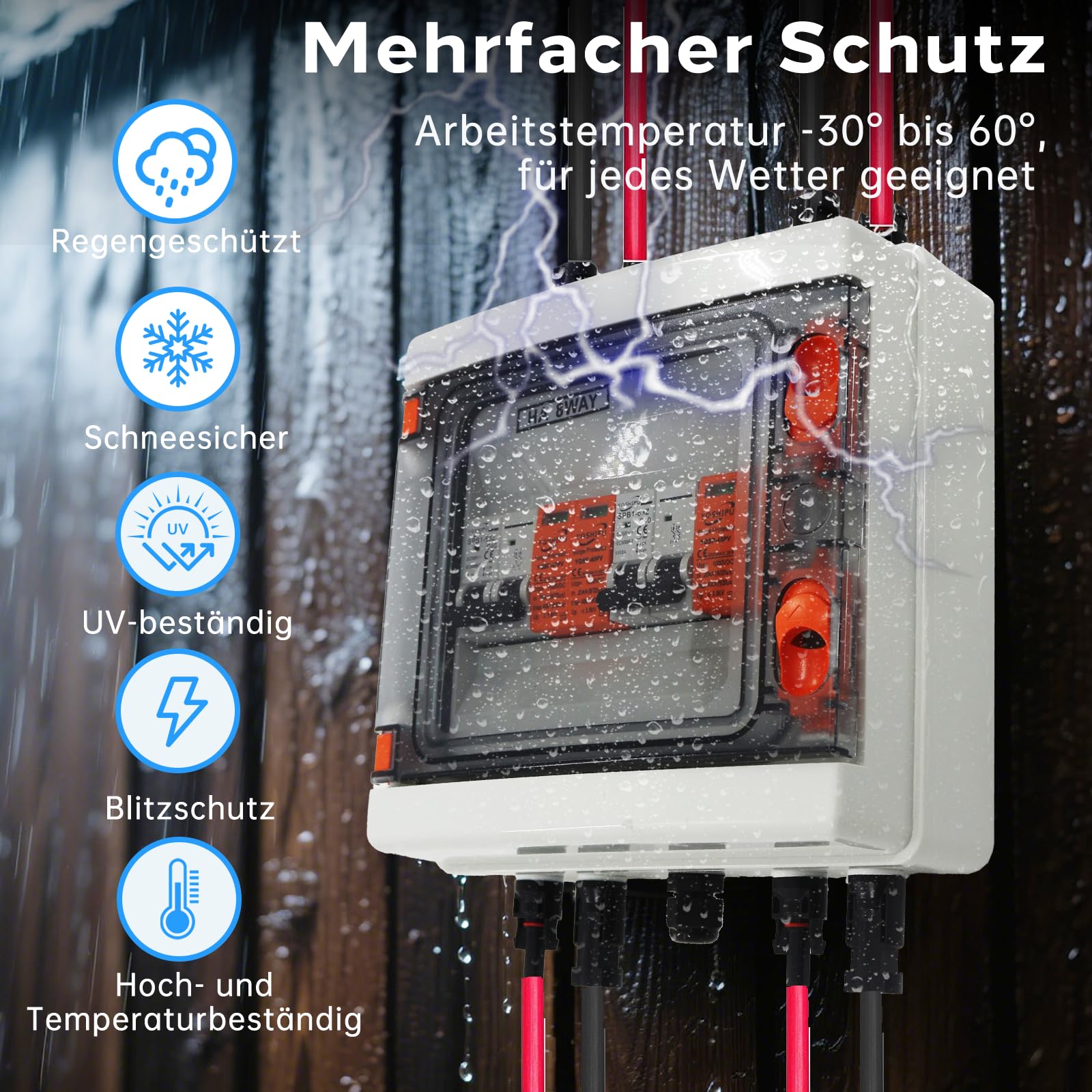 Überspannungsschutz PV, DC 40A/1000V Trennschalter, Blitzschutz Leitungsschutzschalter(2 in 2 Out), Solar PV Anschlusskasten IP65 Wasserdicht