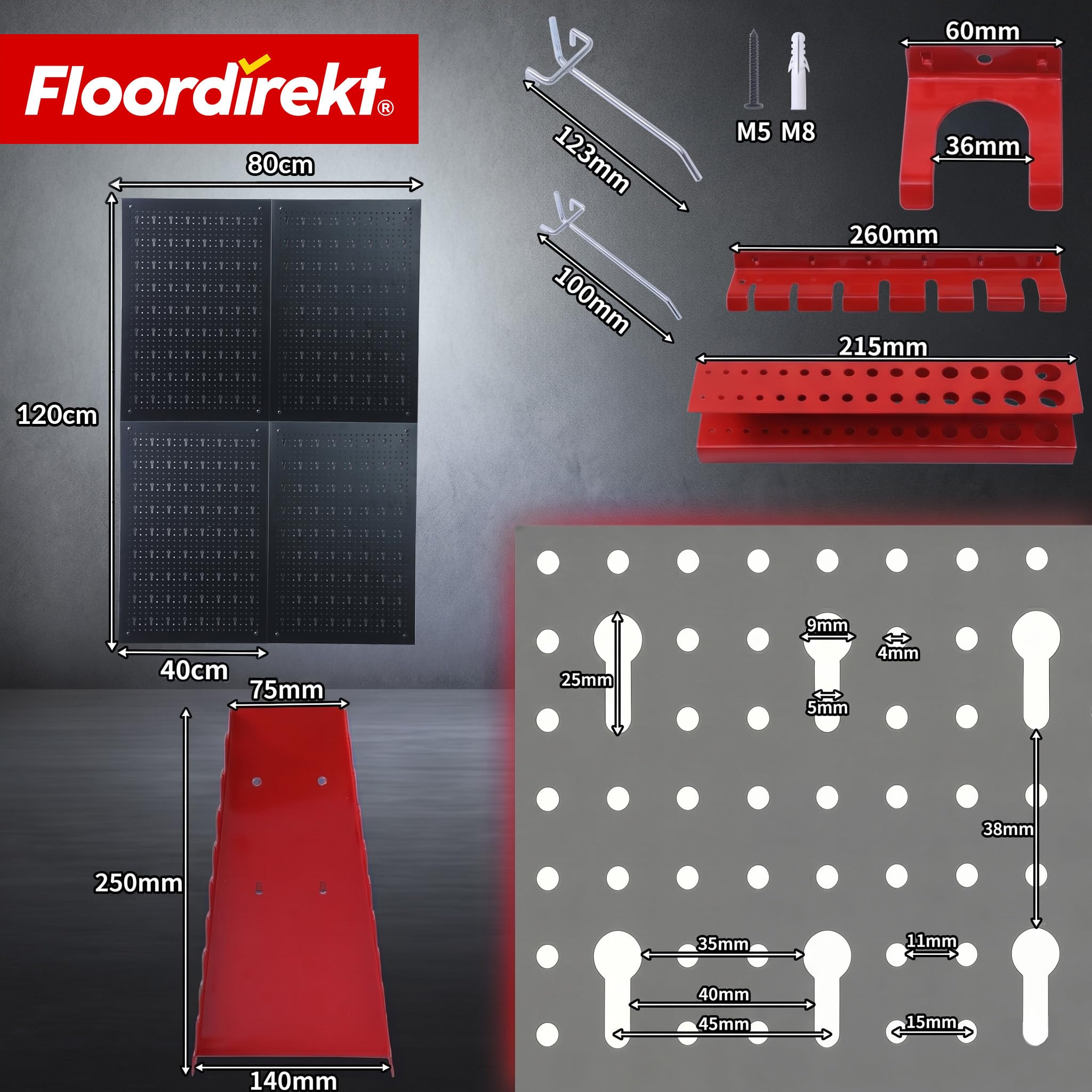 Floordirekt Werkzeug Lochwand aus Metall 160x60 cm Werkzeugwand Lochplatte - 4 Platten Set, für Werkbank, Garage, Werkstatteinrichtung
