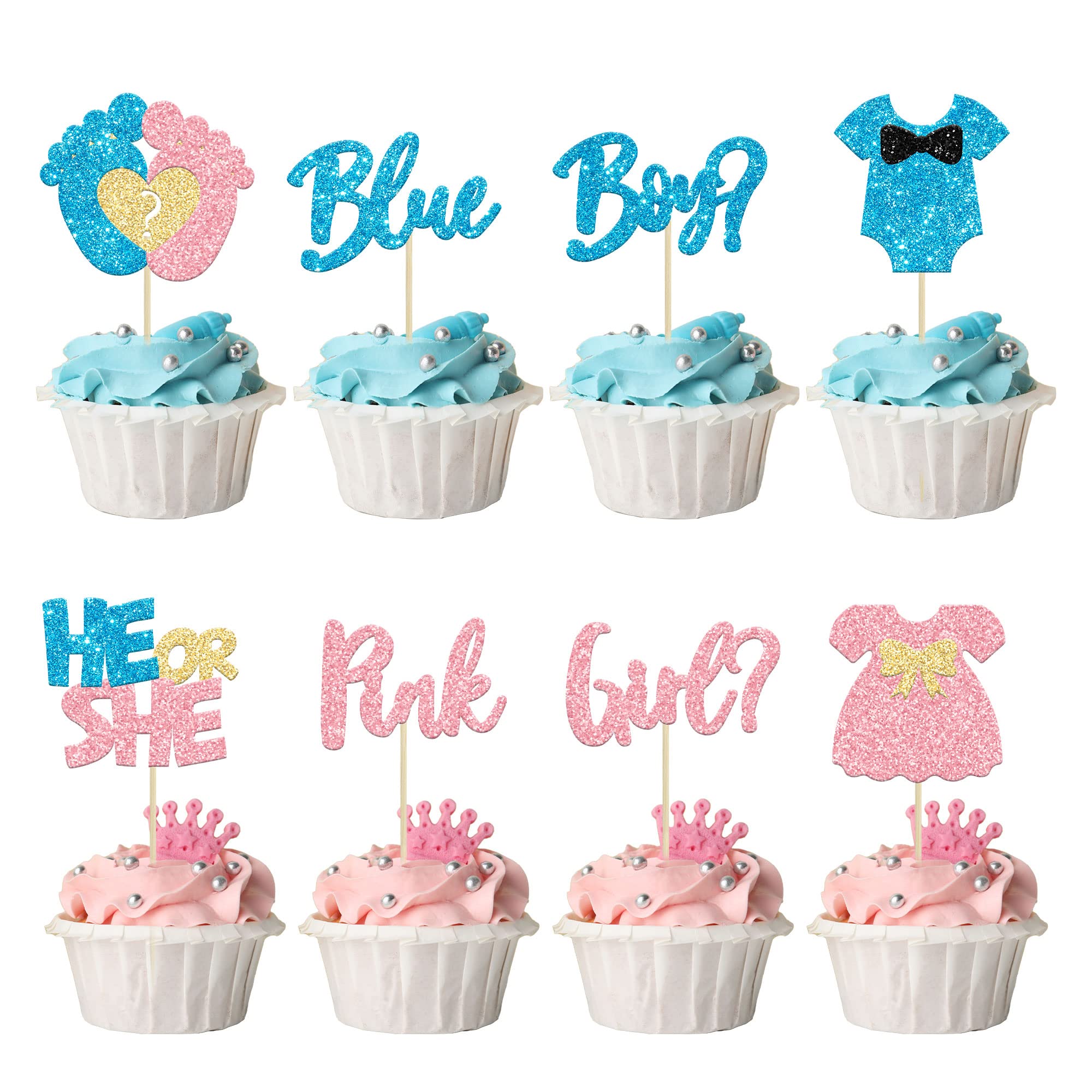 24Pcs Boy or Girl Cupcake Toppers Glitter Feet Onesie Dress Gender Reveal Cupcake Picks Pink or Blue Cake Decorations for Baby Shower Gender Reveal Kids Birthday Party Supplies