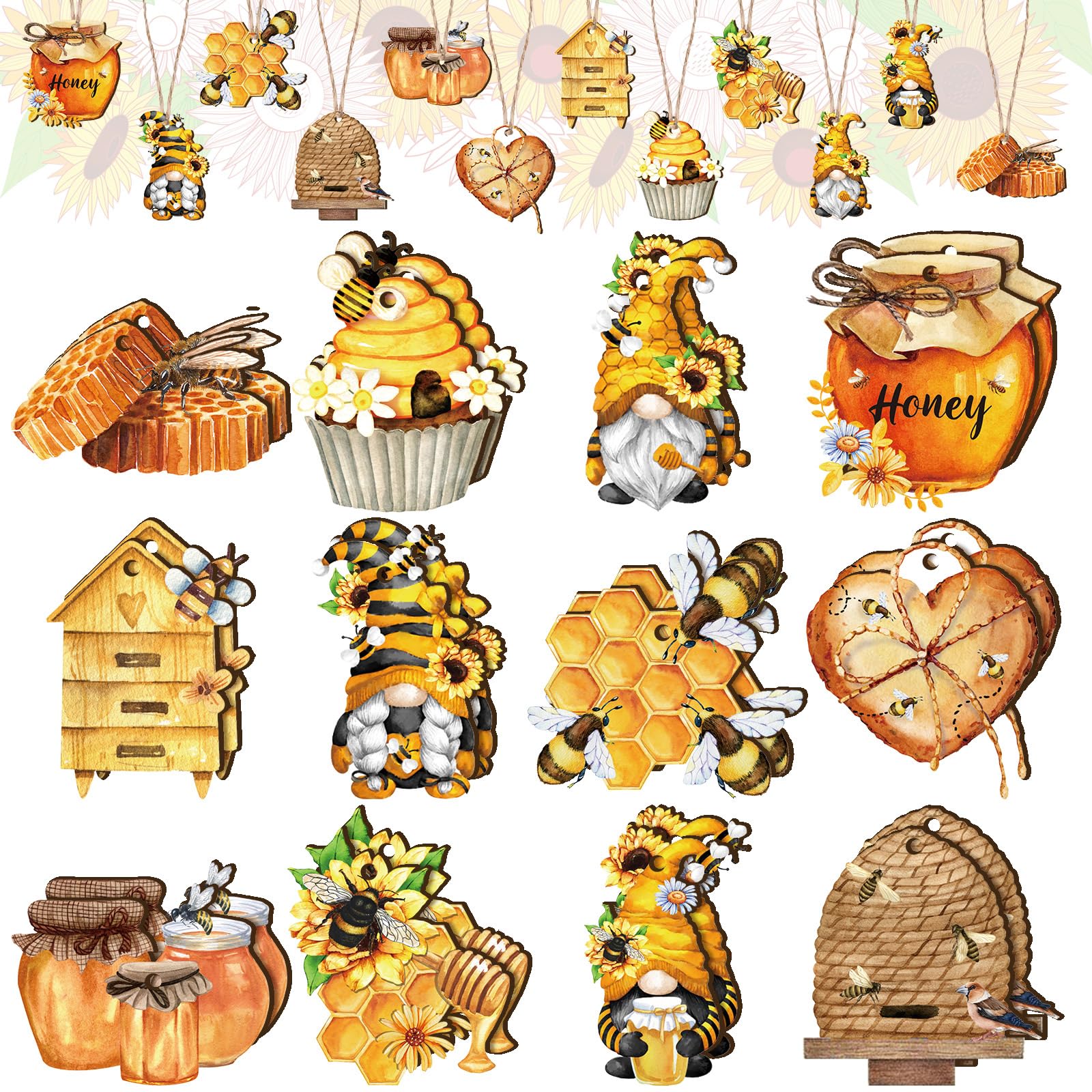 Beeveer24 Pcs Summer Bee Gnomes Ornaments Wooden Honey Bee Decorations Hanging Sign Honeycomb Wood Craft Embellishment for Honeybee Day Themed Party Favor Baby Shower Gifts
