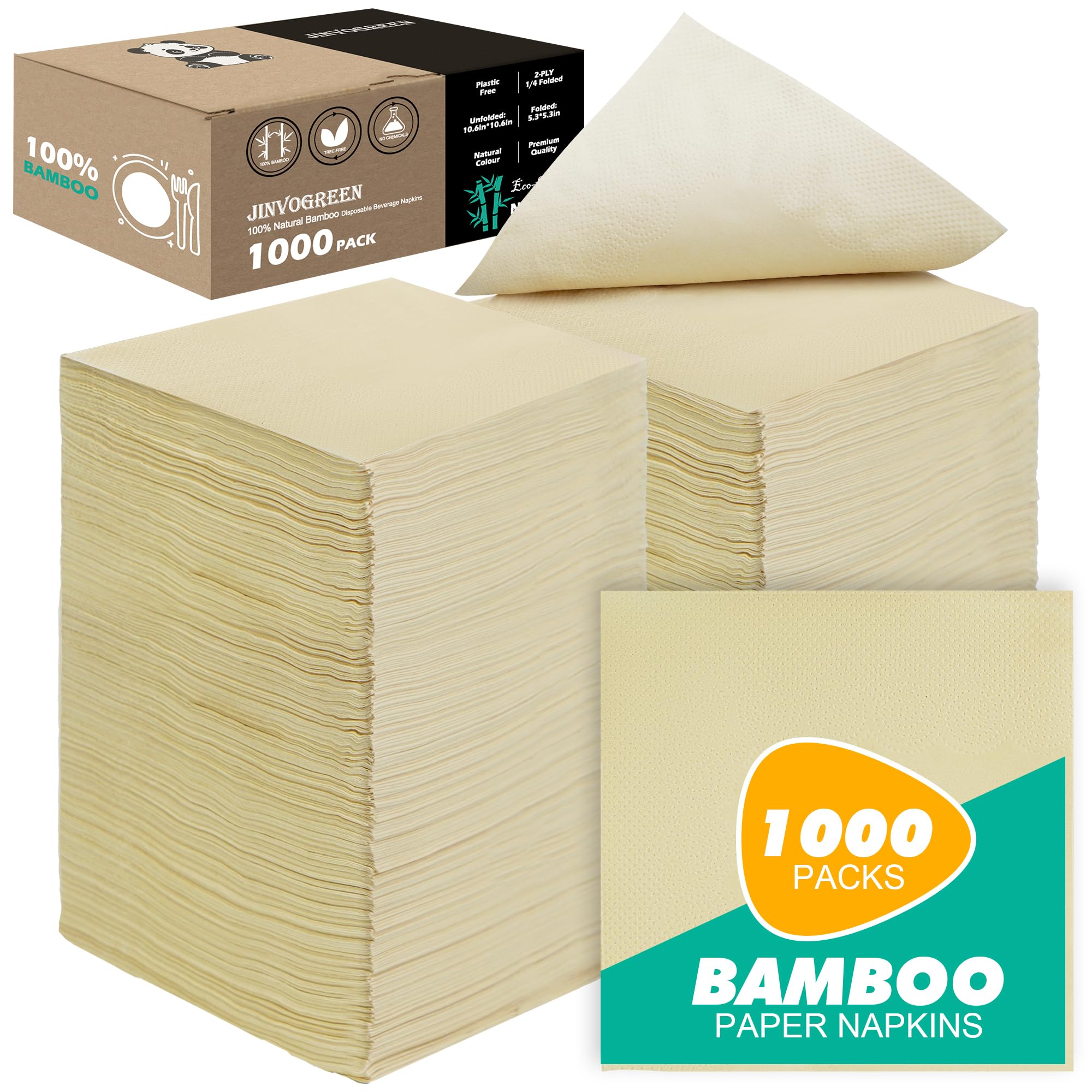 JINVOGREE - 1000 servilletas de cóctel de bambú desechables de 2 capas plegadas de 5.3 x 5.3 pulgadas, respetuosas con el medio ambiente, compostables, para bares, almuerzos, fiestas, restaurantes y