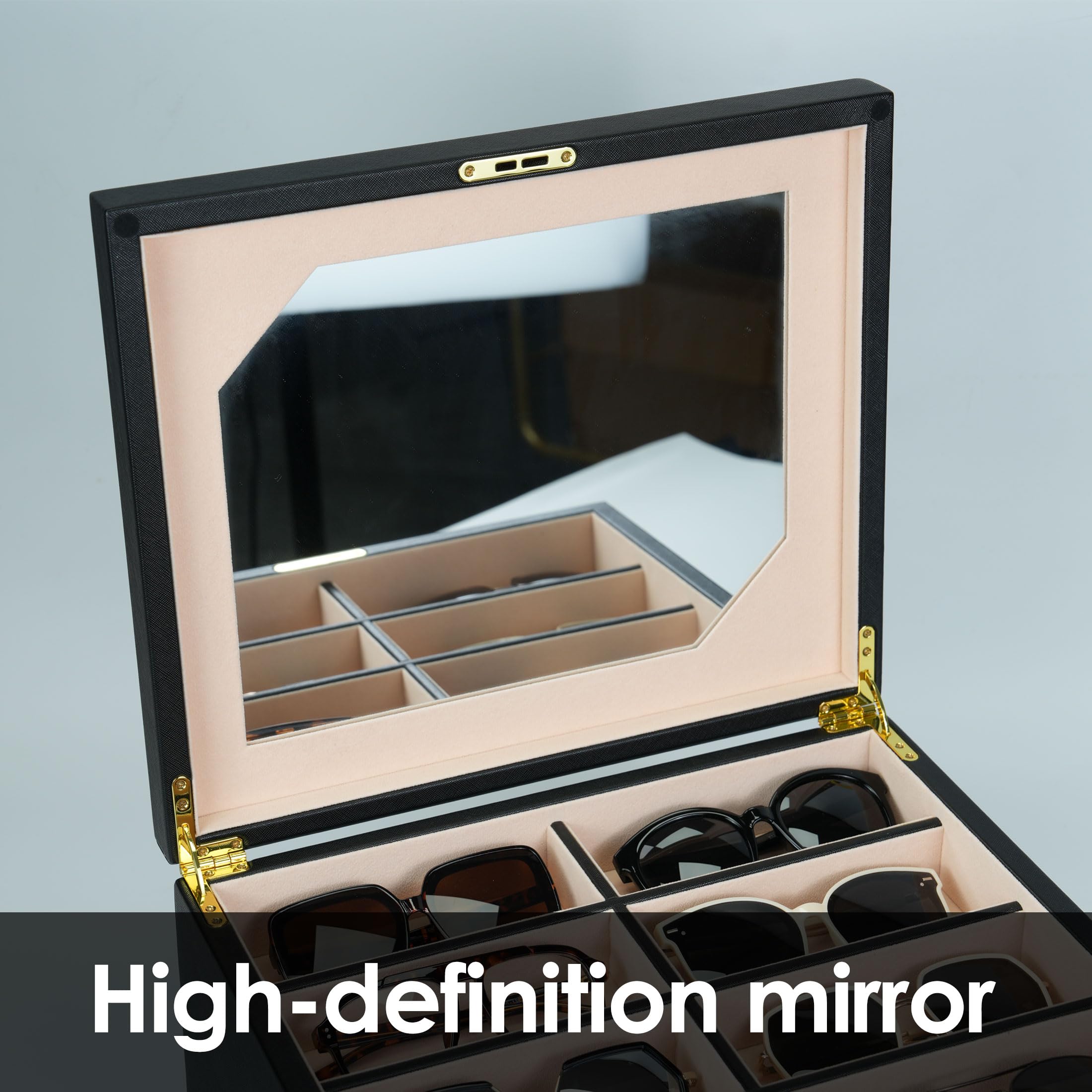 Luxuriöses Sonnenbrillenetui, 3-lagig, 24 Schlitze, Brillen-Organizer, Brillenaufbewahrungsbox für Damen und Herren, PU-Leder mit Spiegel (schwarzes PU)