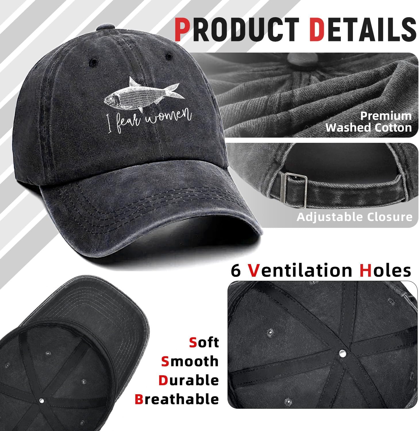 I Fear Women Funny Printed Cotton Baseball Cap Adjustable Retro Washed Lightweight and Breathable Unisex Sun Hat, Father's Day Birthday Gifts for Fishing Lover Grandpa Dad Husband Fisherman Brother - Image 3