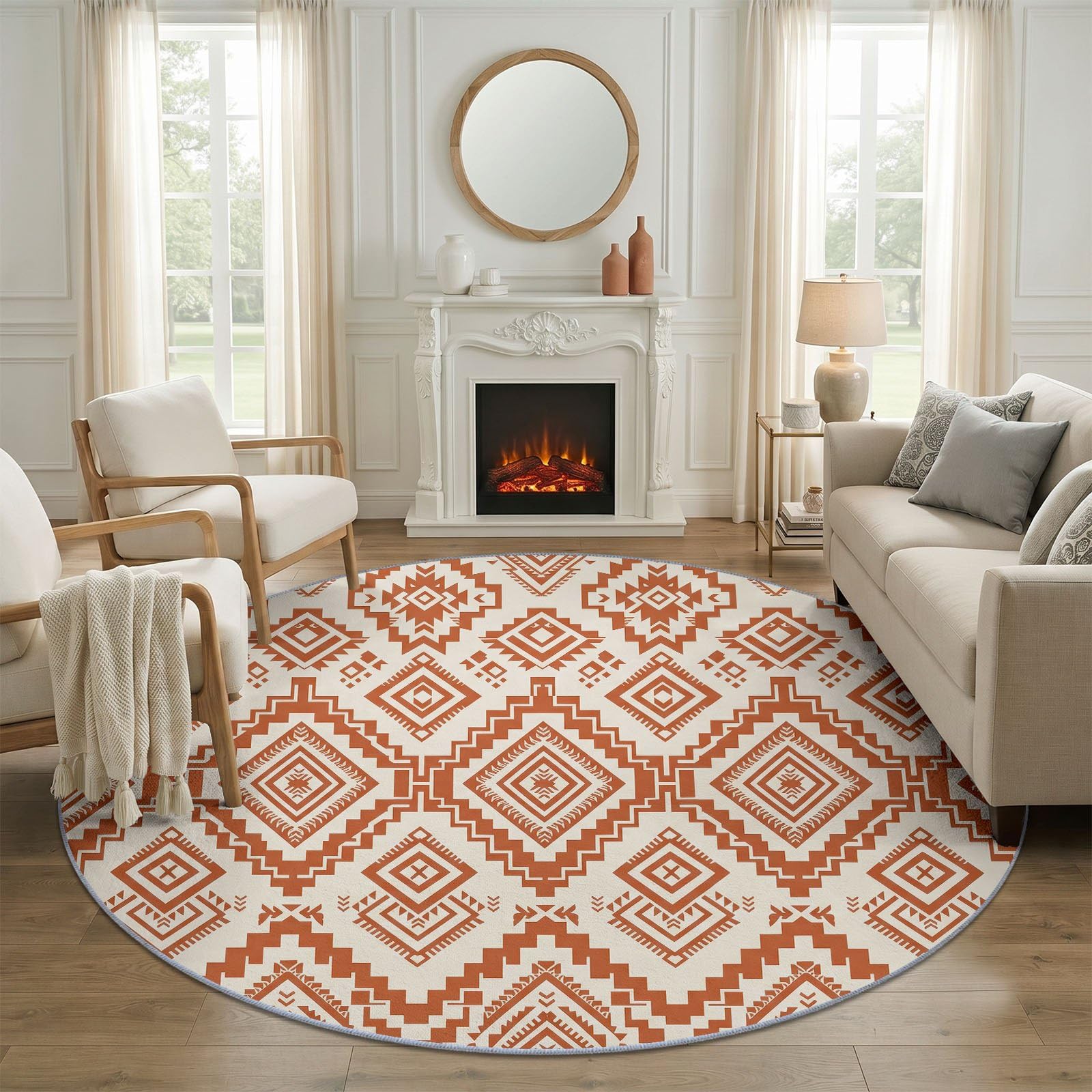 Tapis Rond Salon Boheme Rustique Geometrique Losange Zigzag Ethnique Tapis de Sol Décoration Antidérapant pour Salon Chambre Cuisine Balcon Terrasse Salle à Manger Intérieur (120 cm, Beige)
