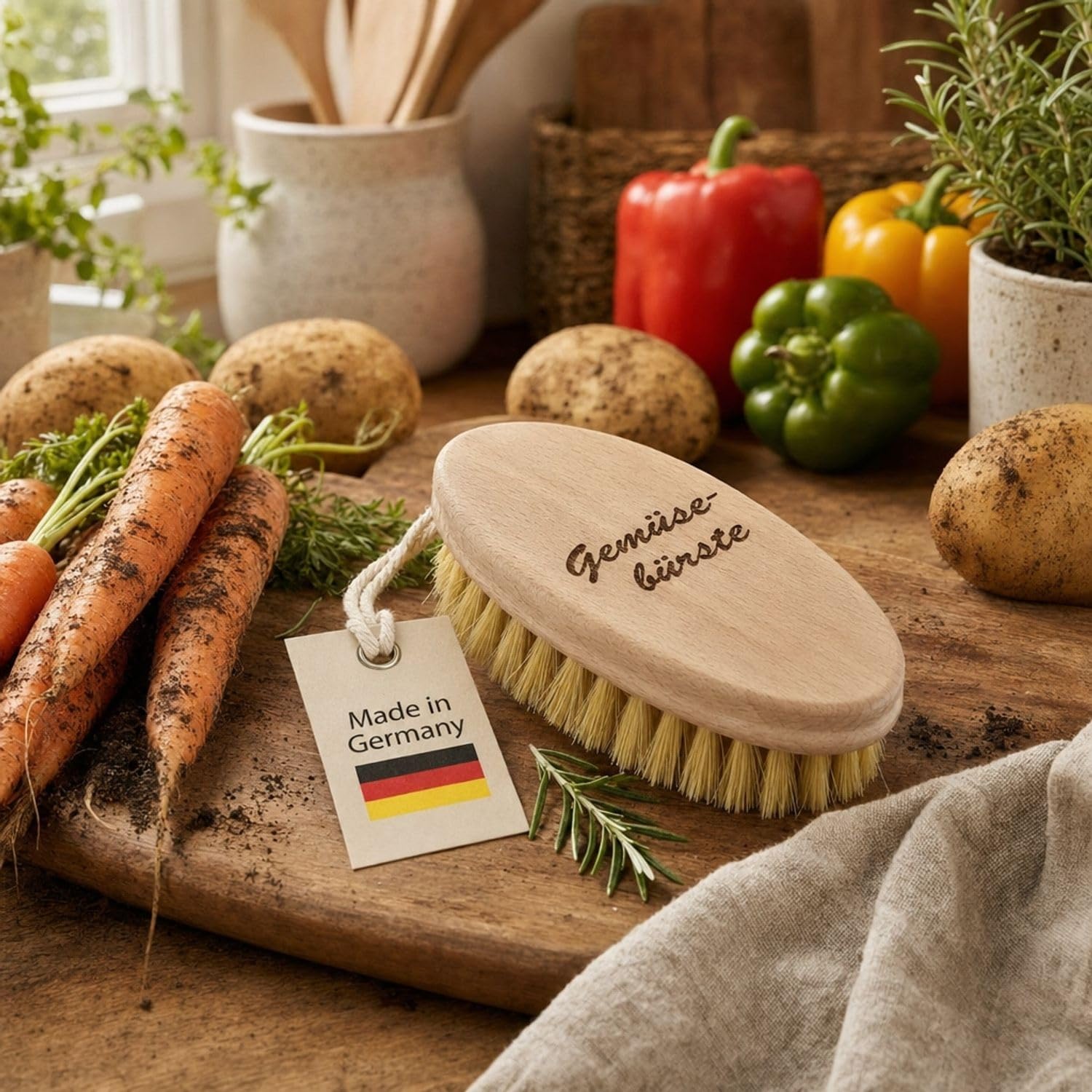 Brosse à légumes en bois de hêtre avec poils naturels durable pour laver légumes et fruits