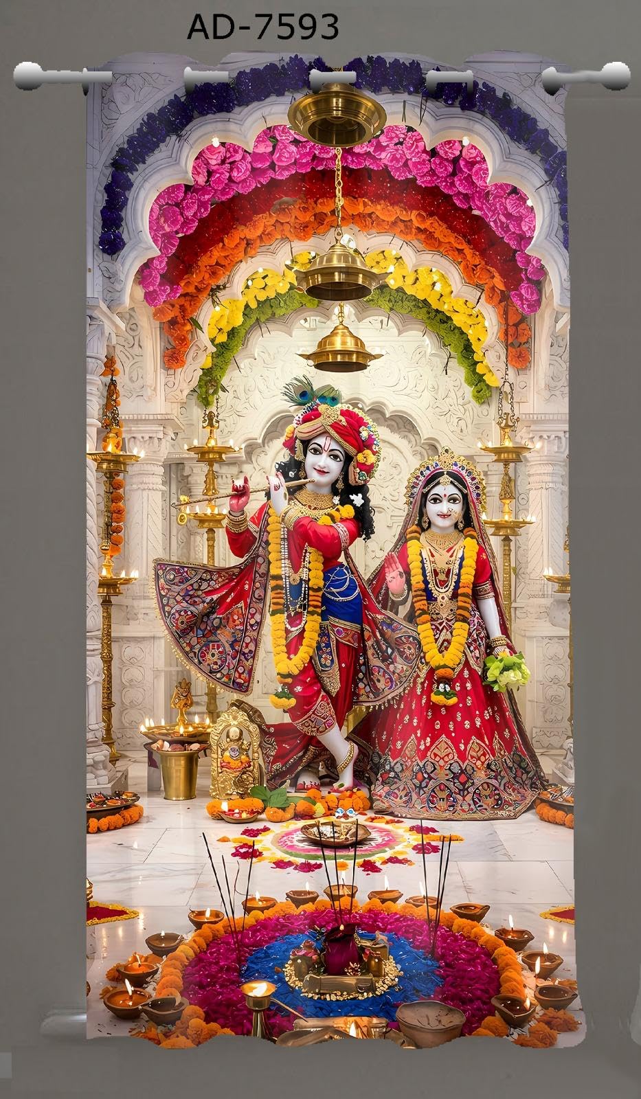 KALIYO Radhe Krishna Printed Curtains for Home & Mandir | 3D Digital Print Spiritual Curtains | Light Filtering Polyester Door & Window Curtains | Pooja Room Decor | 7FT(1 Piece)-image-1