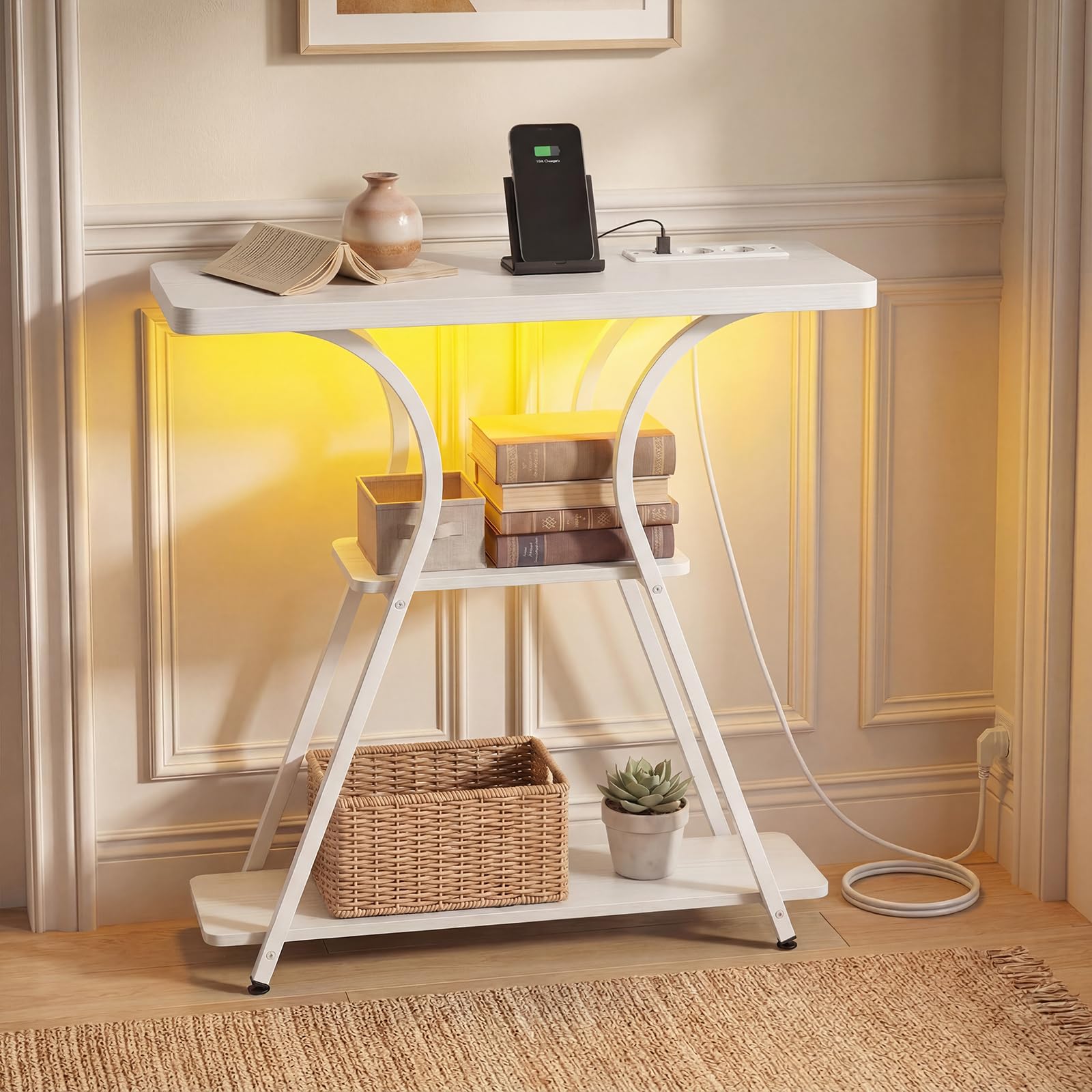 COSTWAY Console Table with LED Lights and Power Outlet (White)