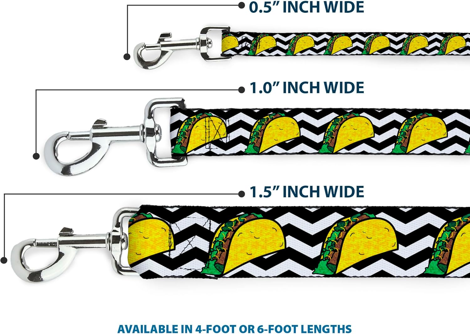 Buckle-Down Dog Leash Taco Chevron Black White 6 Feet Long 1.5 Inch Wide