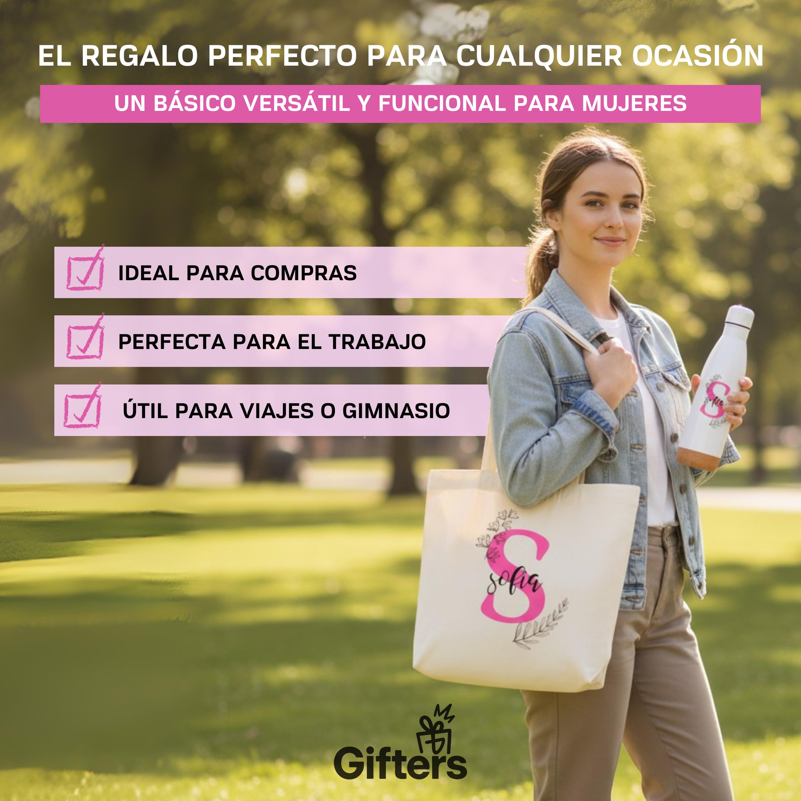 Gifters | Bolsa Tote, Taza 325ml y Botella Acero Inox 750ml | Diseño Floral con Inicial y Nombre | Shopper, Tote Bag con Cremallera | Pack Regalo Personalizado Original Mujer, Amiga, Niña o Madre