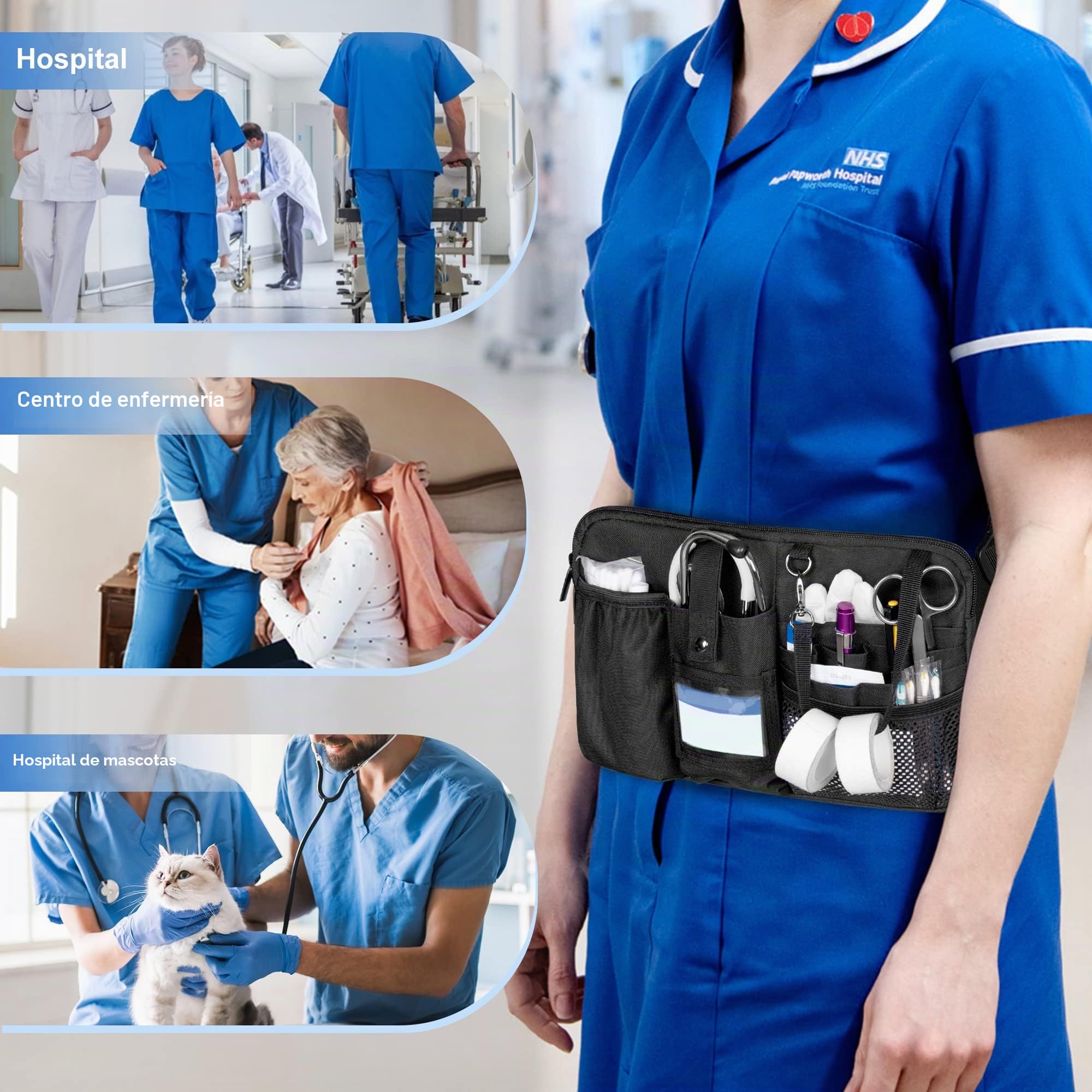 Trunab Riñonera Enfermera Multifuncional con 12 Bolsillos para Estetoscopio, Soporte para Cinta, Cinturón Ajustable, Bolsa Organizadora Médica para Enfermera y Estudiante de Enfermería, Negro