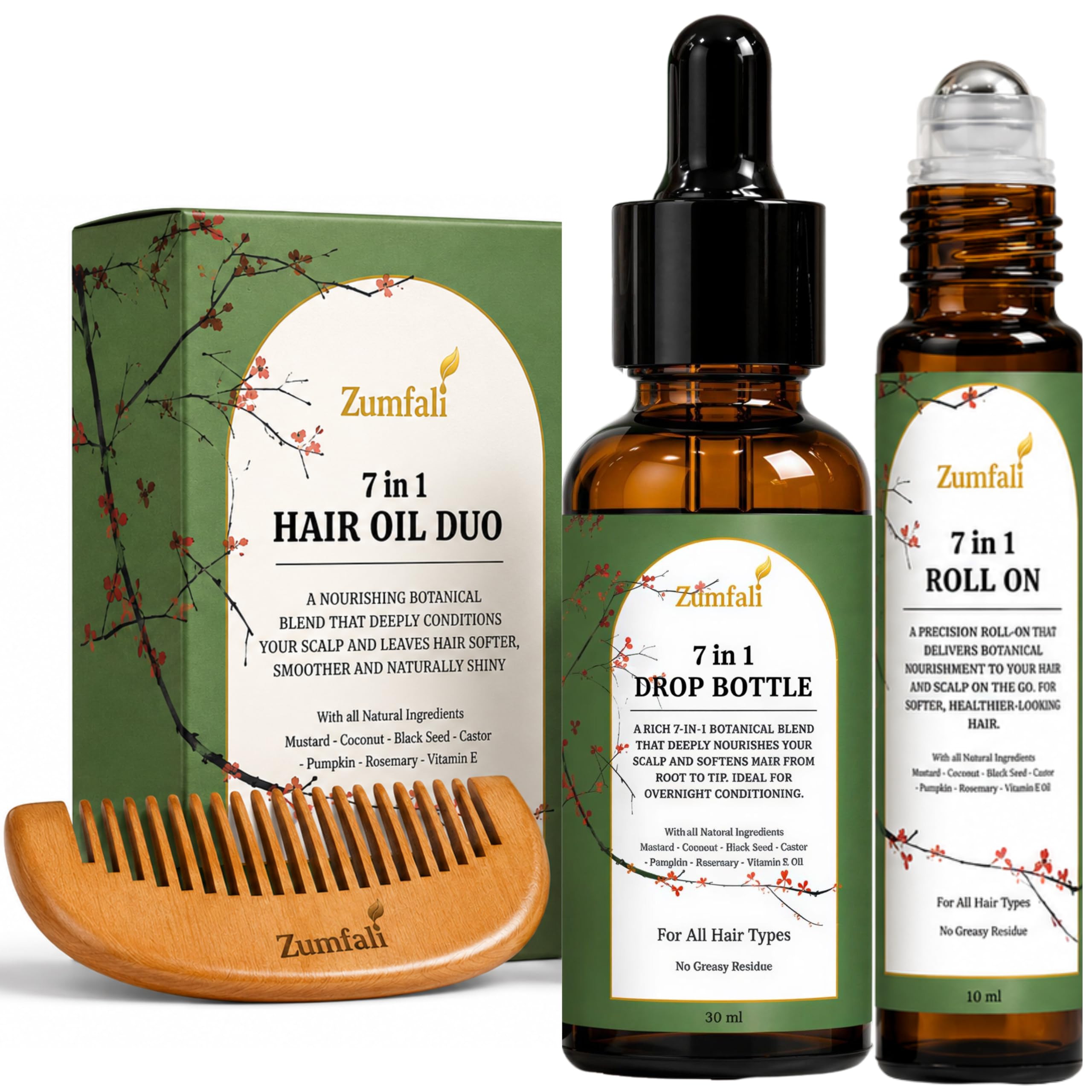 Pumpkin Seed Oil for Hair - 7-in-1 Scalp Serum System, Rosemary, Black Seed, Castor & Coconut - 30ml Dropper + 10ml Roll-On + Wooden Comb - Hair Growth Oil for Thinning Hair, Women & Men