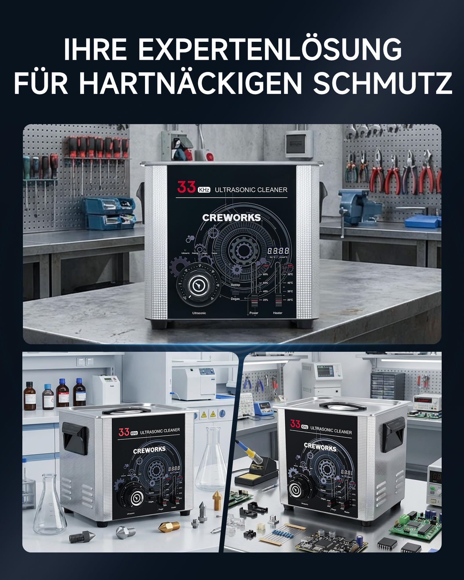 CREWORKS 10L Ultraschallreinigungsgerät 33kHz 240W Teilereinigungsgerät | SUS304 Tank 33kHz Industrielle Frequenz, Sweep & Degas 300W Heizung & Timer für Autoteile, Werkstatt, Labor & Werkzeuge