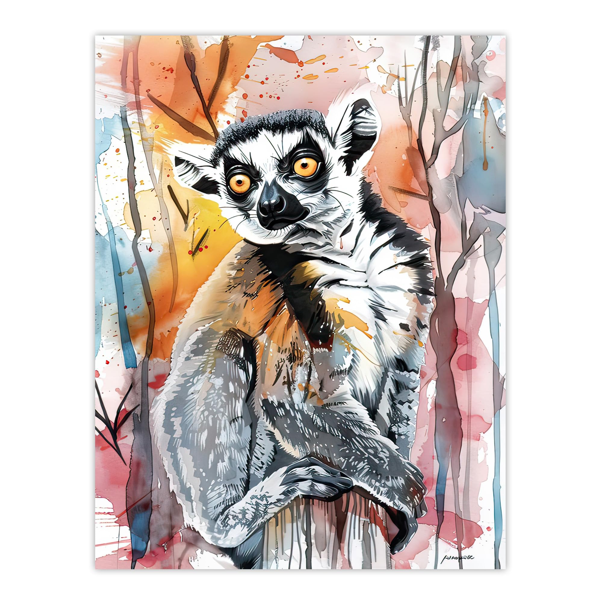 Artery8 Striped Lemur in Abstract Rainforest Sunset Living Room Large Wall Art Poster Print Thick Paper 18X24 Inch