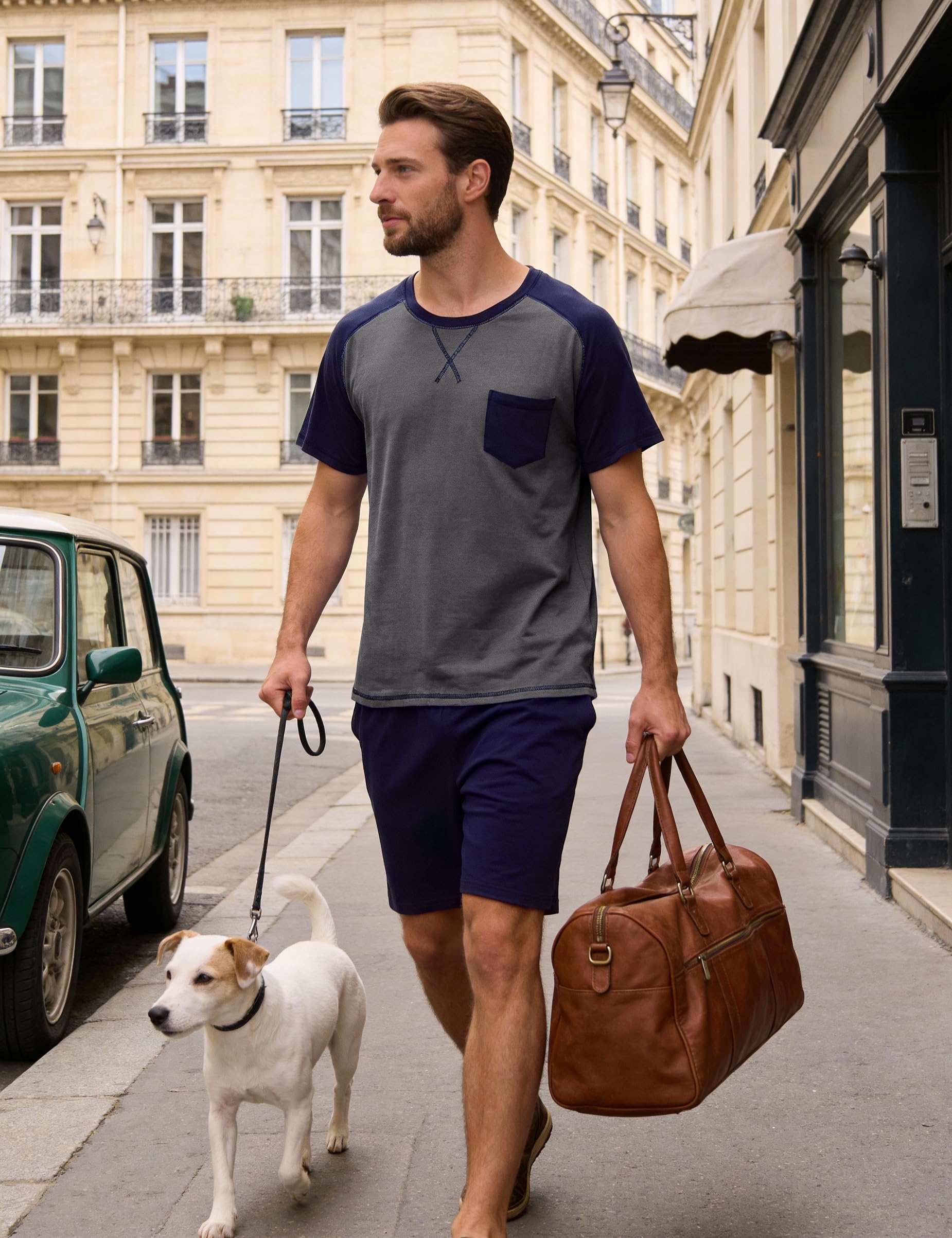 Aseniza Pyjama Homme Été Coton Court Short Ensembles de Pyjama Shorty Vêtements de Nuit Homme Manches Courtes Col Rond Confortables et Respirants