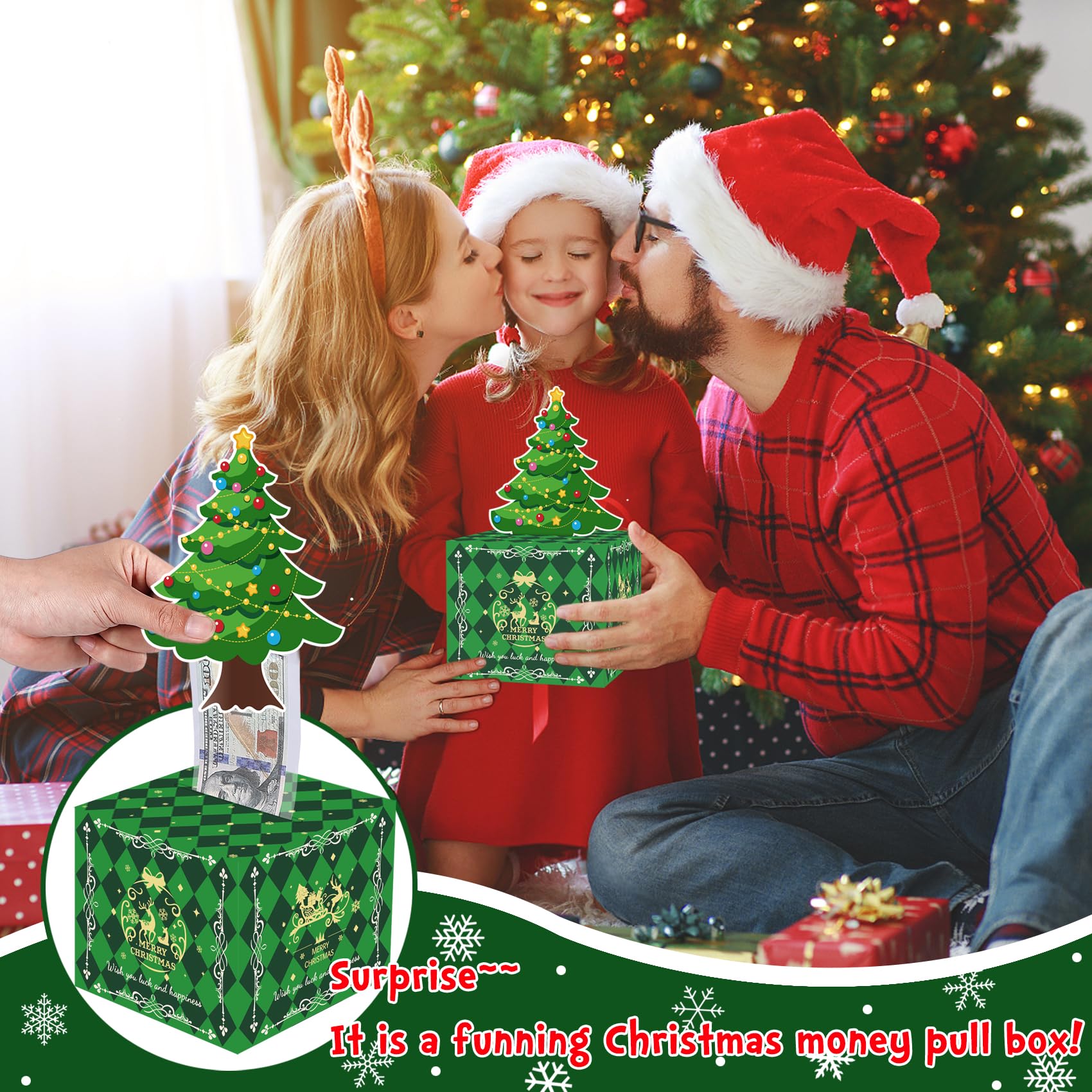 Meiidoshine Christmas Money Box for Cash Gift Pull, Surprise Money Holder Cash Gift for Kids Adults, DIY Fun Holiday Cash Box for Women Men Girls Boys Mom Dad Friends, Include 100Pcs Transparent Bags