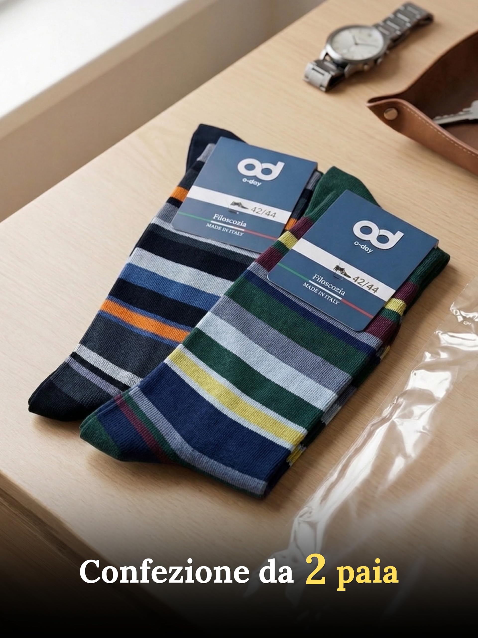 o-day Filo di Scozia Men's Long Socks with Coloured Stripes Pattern Set of 2 Pairs Knee Height Breathable Made in Italy - 2
