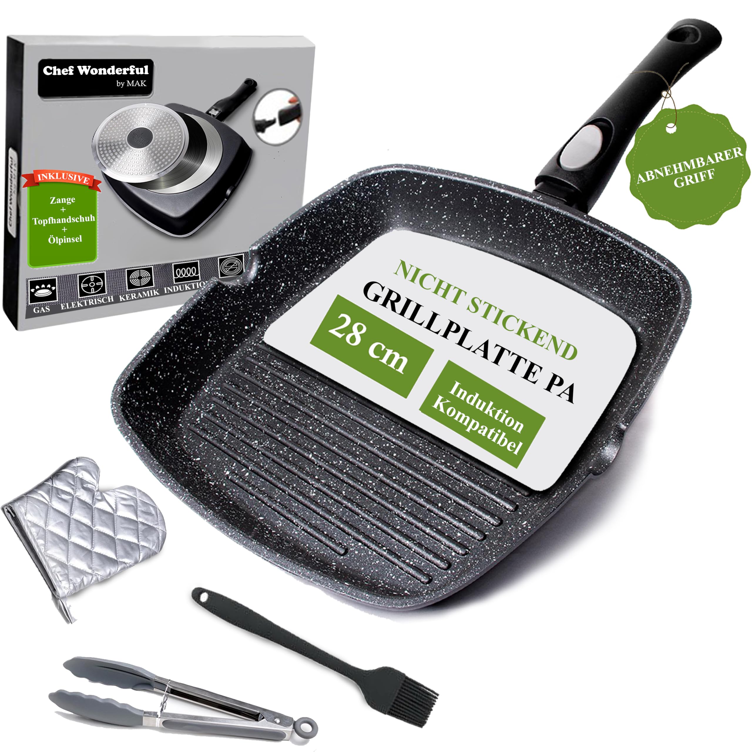 Chef Wonderful Antihaft (28cm) Grillpfanne für Induktionsherd, Marmorbeschichtung & abnehmbarer Griff | Steakpfanne aus Aluminium für alle Induktionsherde mit Zange, Handschuh & Bürste