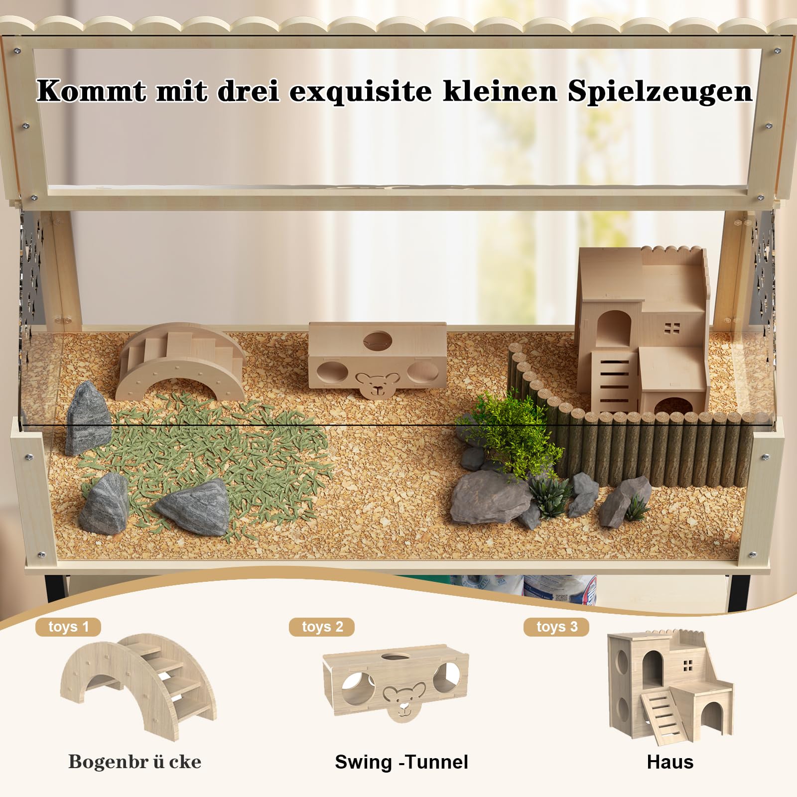 Gabbia per criceti in legno, gabbia per roditori a 2 piani, gabbia per piccoli animali con coperchio pieghevole, con ponti ad arco, tunnel e casette da gioco, per porcellini d'India, criceti