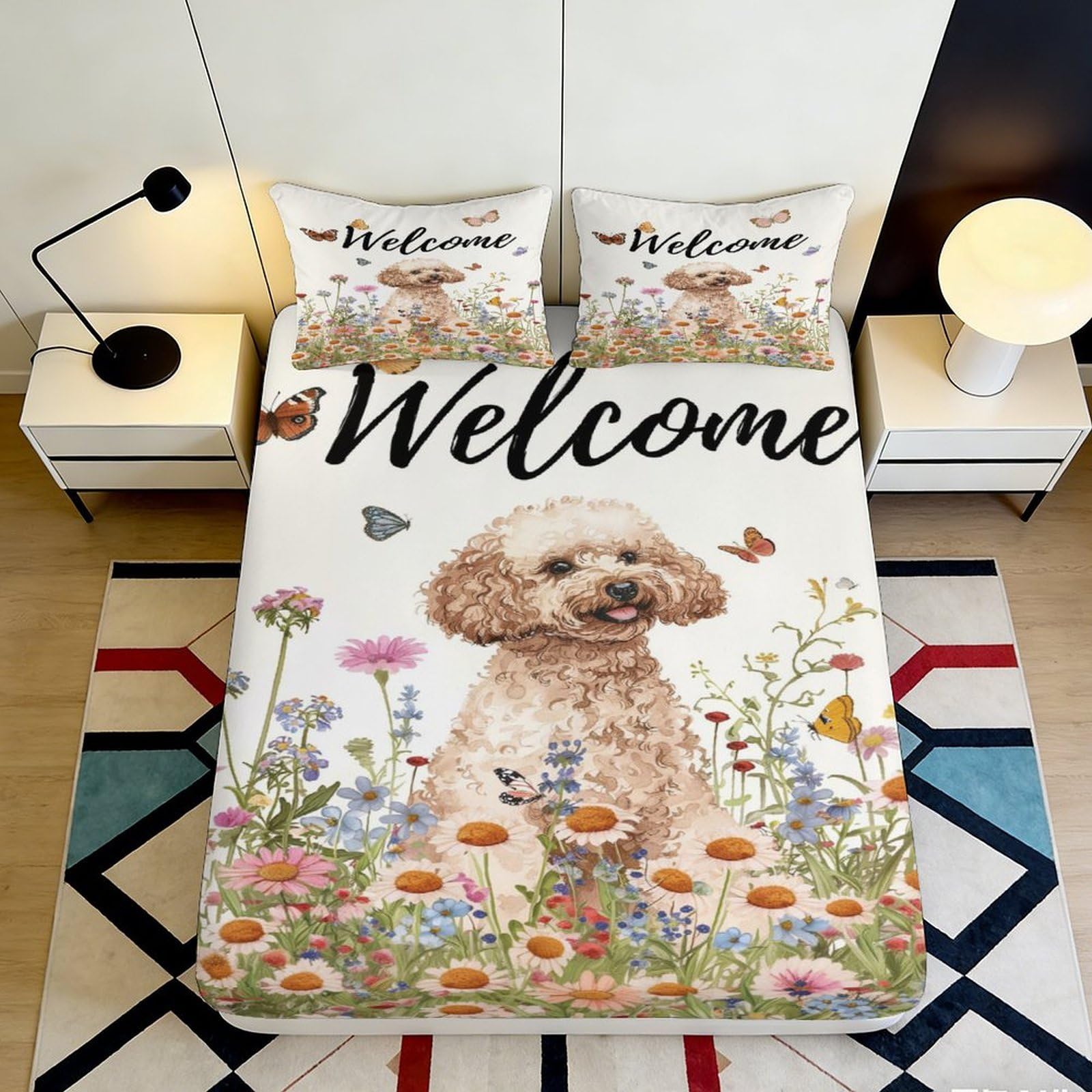 Zfldkwgb Style-9 3D Printed Dog Floral Fitted Sheet Microfiber Soft Breathable Butterfly Bed Cover Bedroom Decor Mattress Protection 90X200x25cm