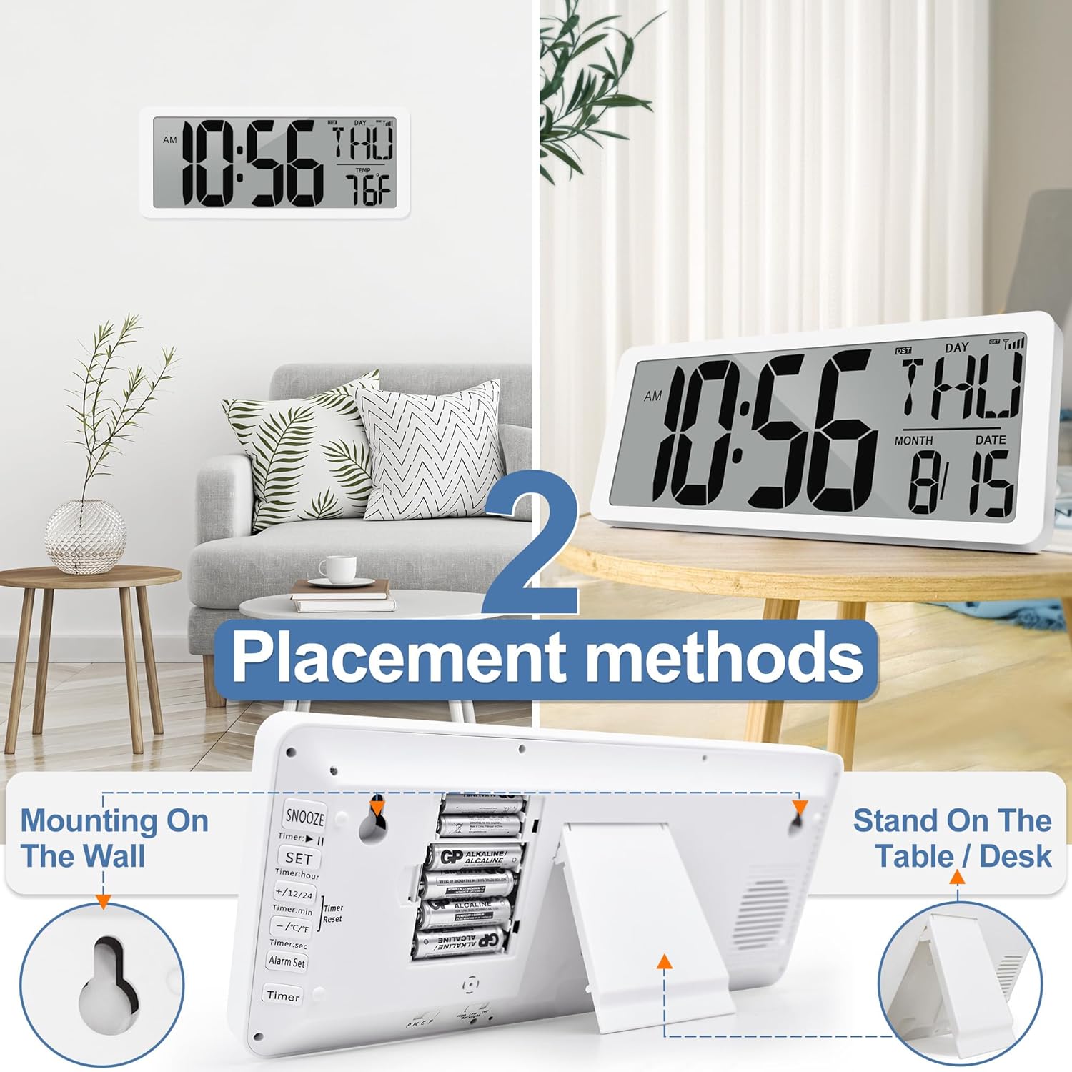 Atomic Clock 15" Digital Wall Clock Battery Operated Atomic Wall Clock Large Digital Alarm Clock with Day Date & Temperature for Wall Bedroom Living Room Classroom Home Office