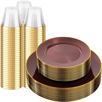 Hioasis 260pcs Burgundy Gold Plastic Plates - Gold Disposable Dinnerware Set, 30pcs Dinner 10.25in & 30pcs dessert 7.5in plates & 200pcs cups with striped designs for party & wedding