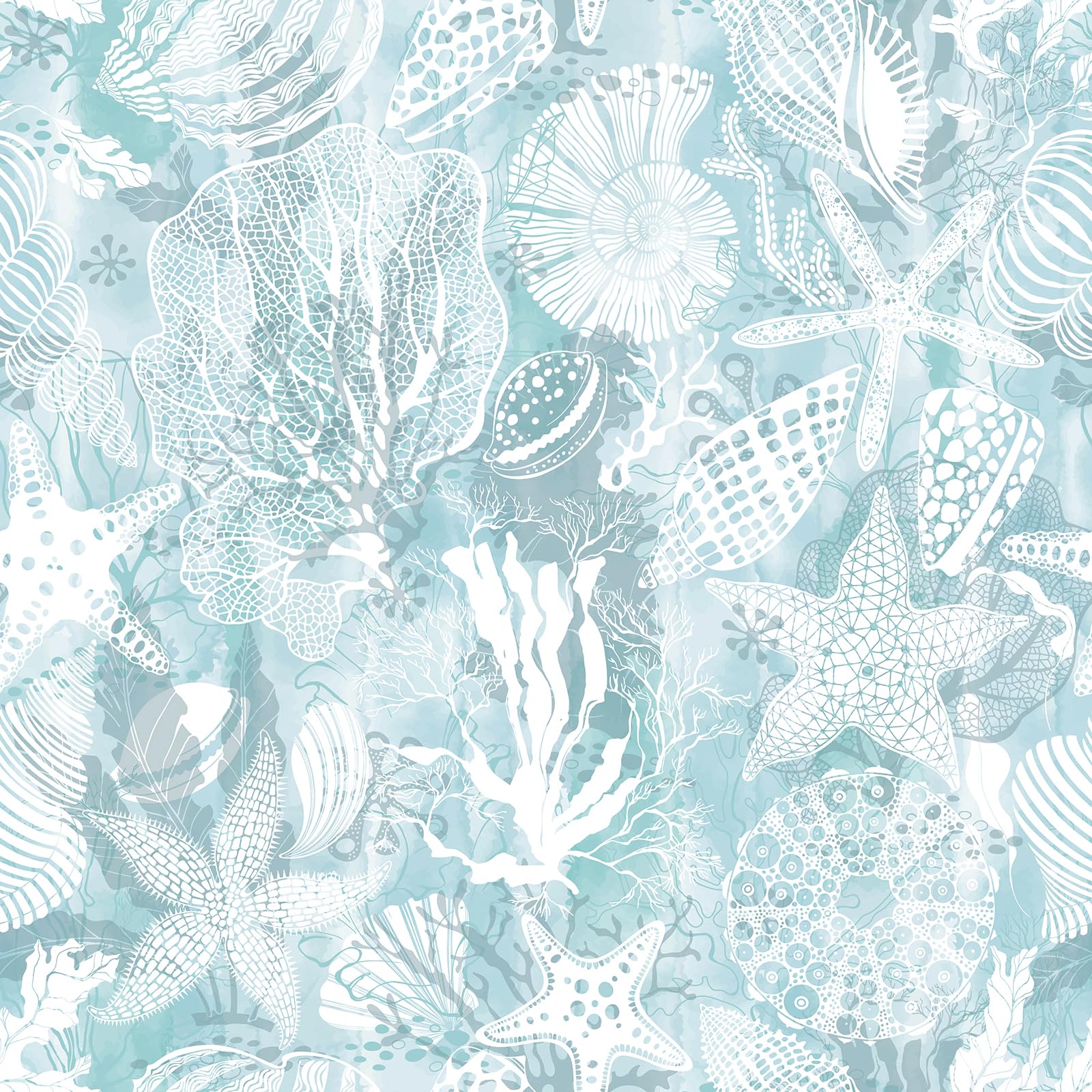 Papier peint bleu côtier amovible blanc design coquillage pour salle de bain