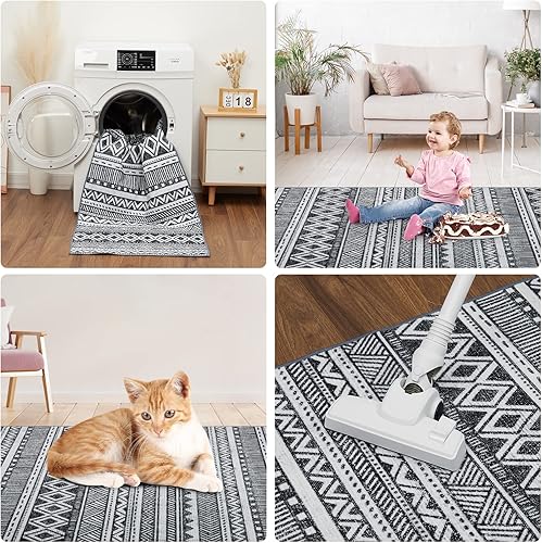 Miniatura 7 de Alfombra bohemia de 5 x 7 pies, lavable a máquina, moderna, de diamante, envejecida, plegable, para mesa de café, decoración de mesa de comedor,