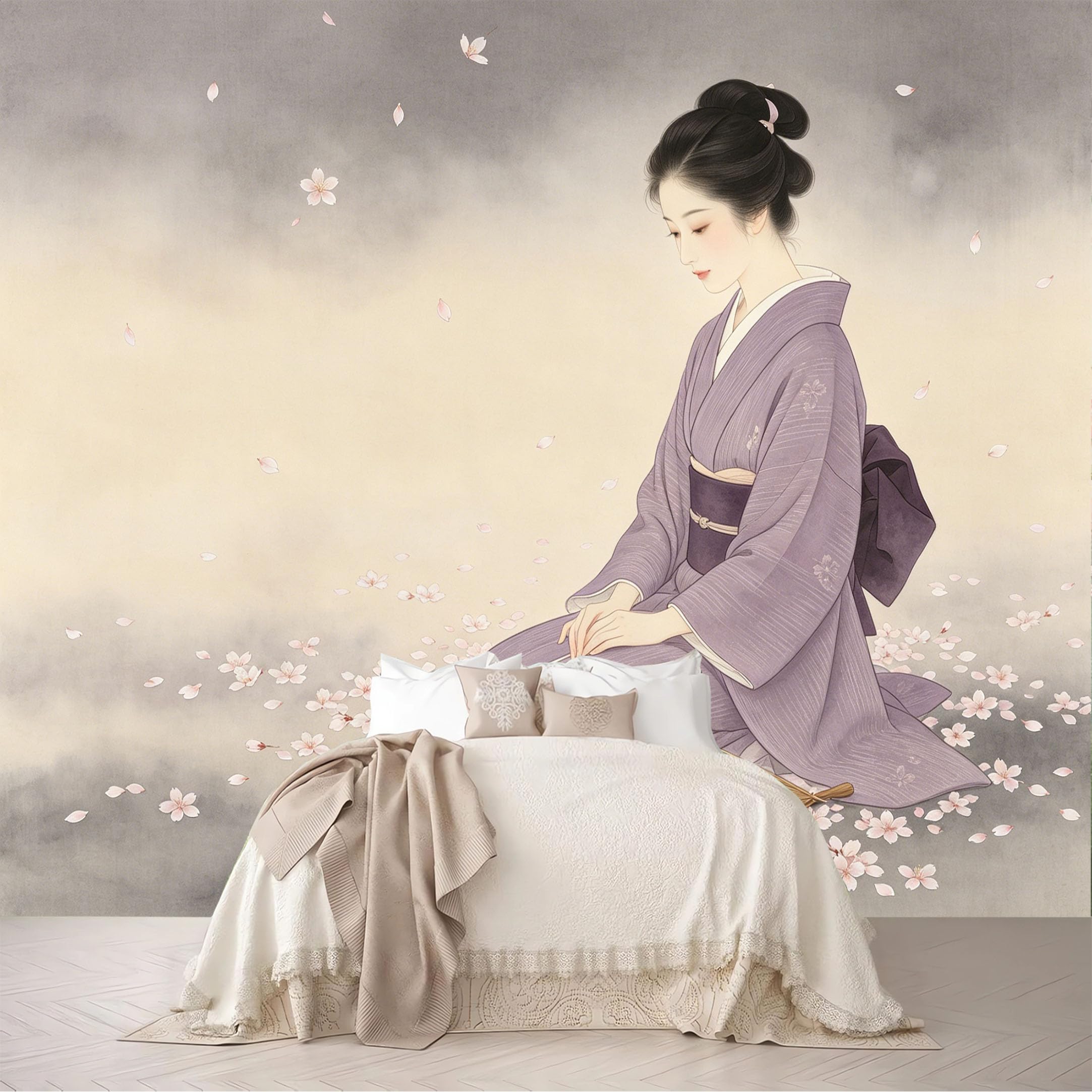 Dskjoviality Ab260706048 Custom Size Wall Mural Kimono Lady Fan Cherry Petal Ukiyo-E Art Removable Self Adhesive Peel And Stick Wallpaper For Bedroom Living Room Dining Room