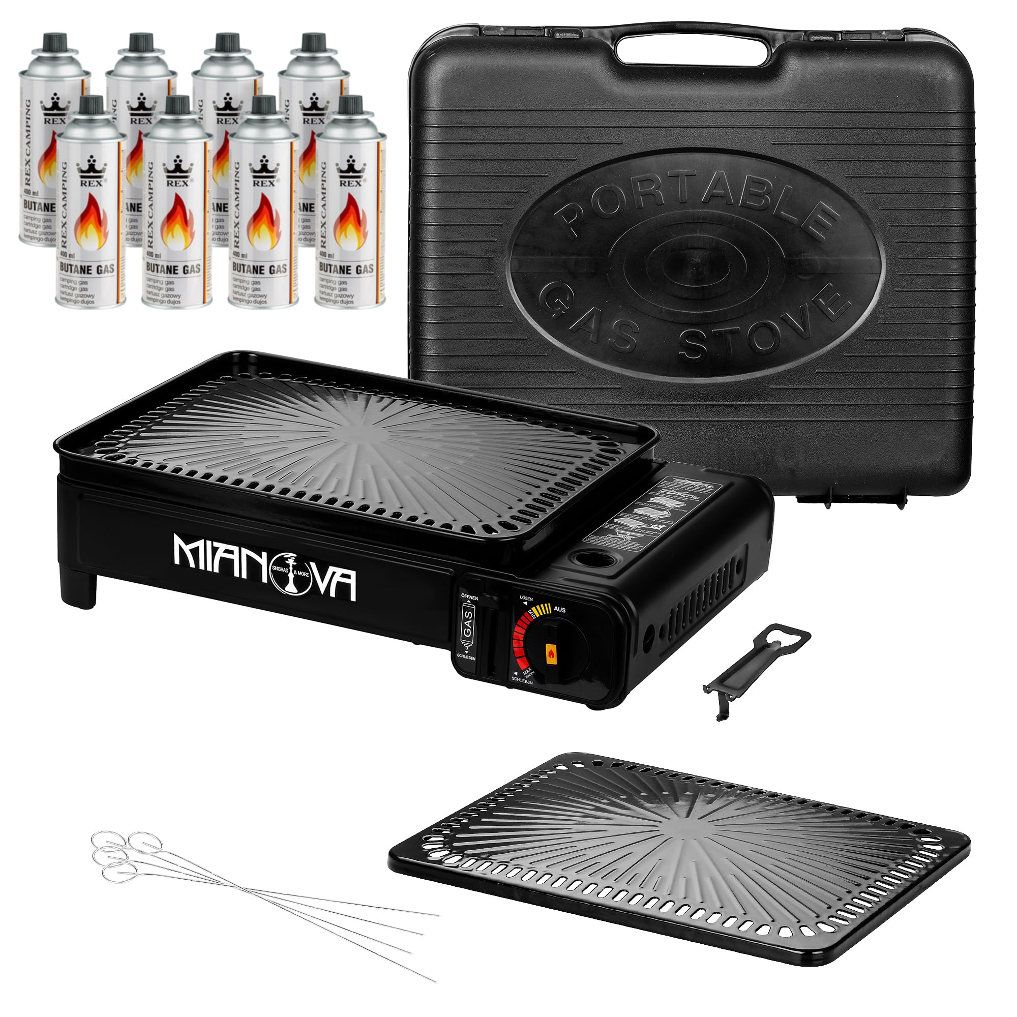 Mianova Campingkocher Gaskocher BBQ Grill für Gaskartuschen + Koffer Kühltasche Optional mit Gas/Grillplatte im Set