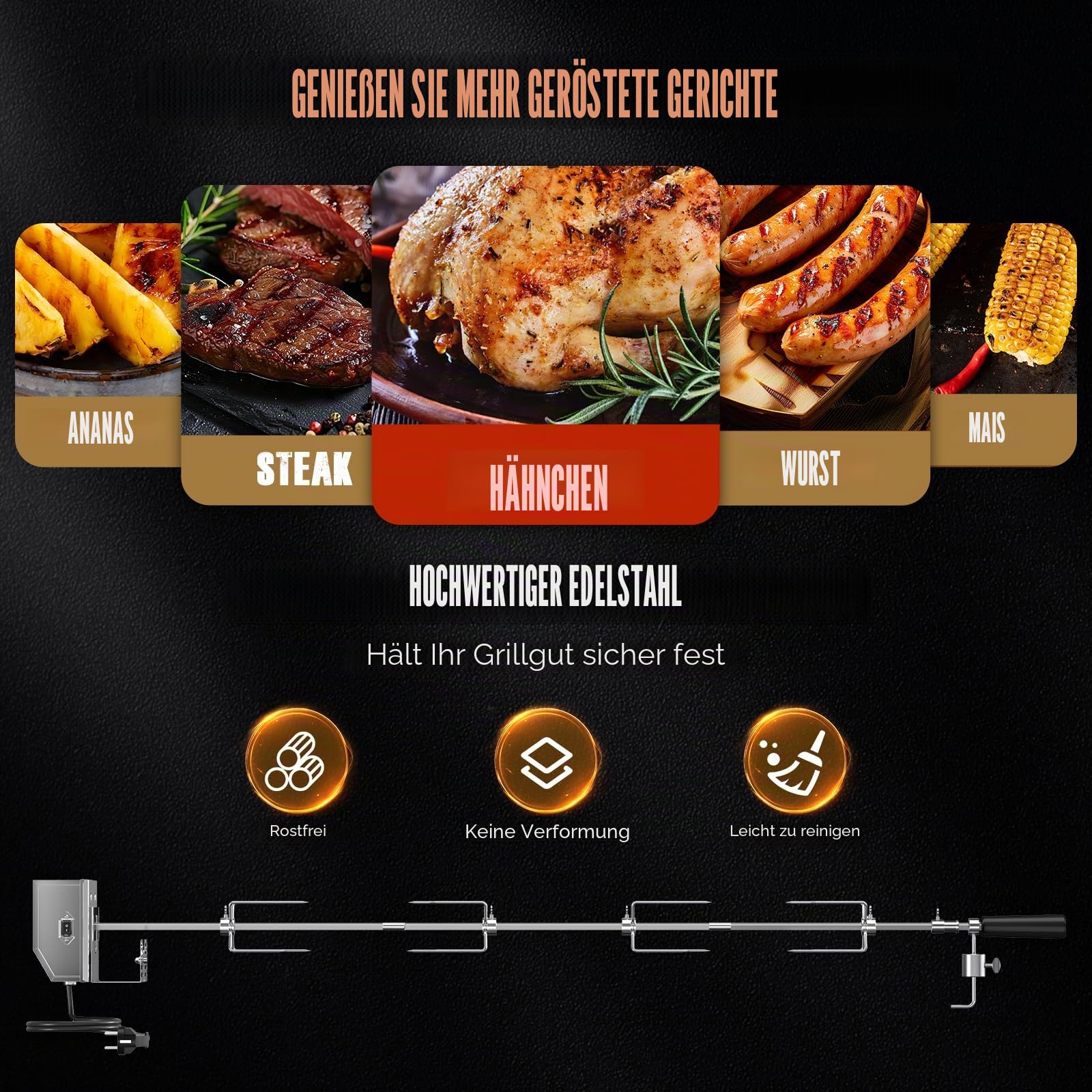 Drehspieß für Gasgrill, 360°automatischer Drehspießgrill mit 120V-4W Motor, 13-17Zoll-Spießstange,4 Fleischgabeln, kompletten Halterungen und Befestigungsschrauben für Campinggrills im Garten
