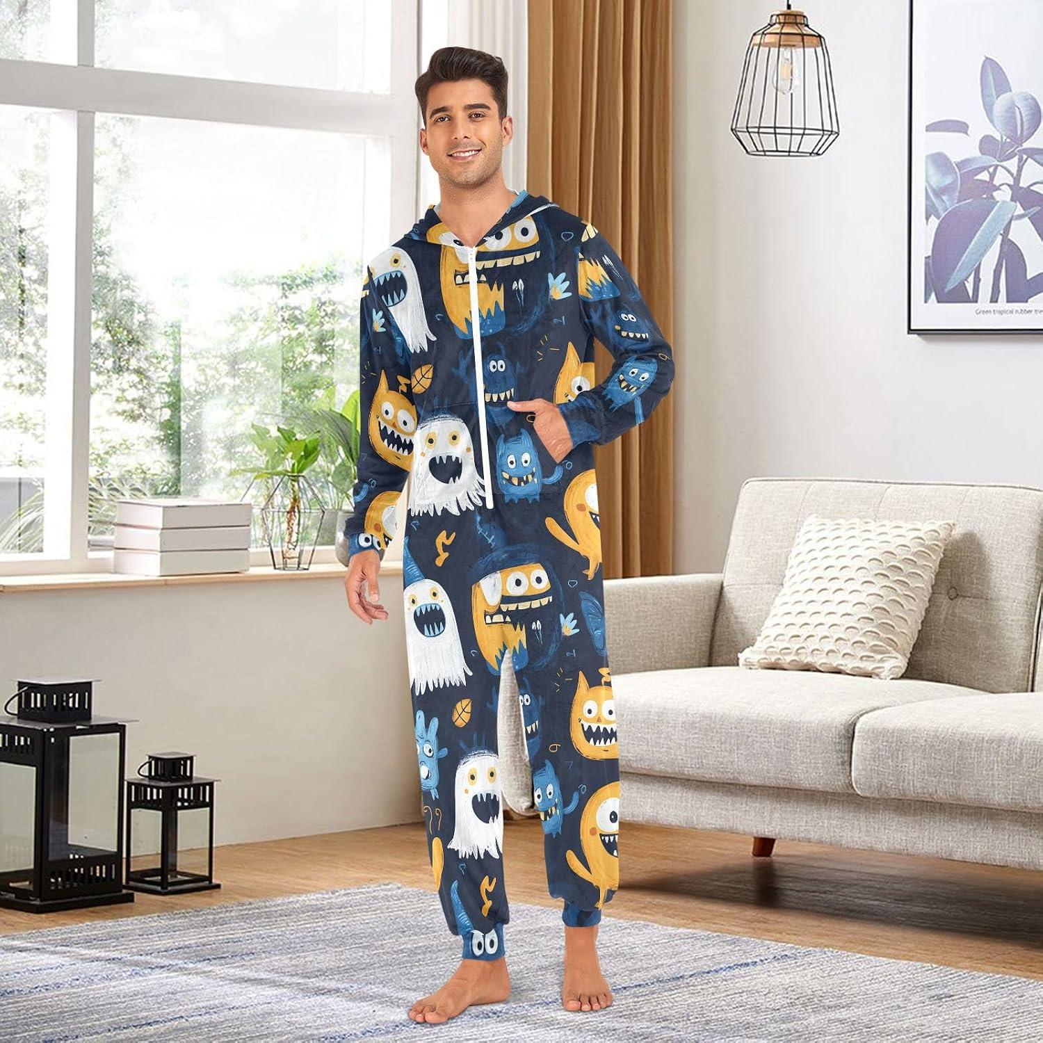Halloween Doodle Monsters Zipper Hooded Adult Jumpsuit Pajamas with Pockets XS-3XL