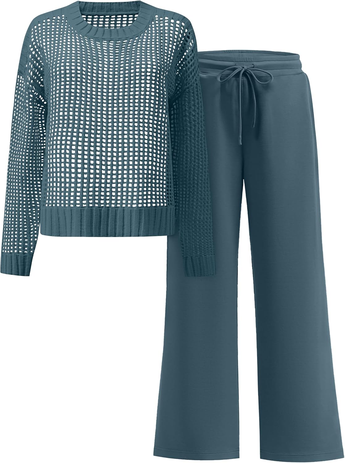 ANRABESS Womens 2 Piece Outfits Crochet Sheer Knit Sweater Top Wide Leg Pants Lounge Set Sweatsuit 2026 Spring Travel Clothes Dark Teal Medium