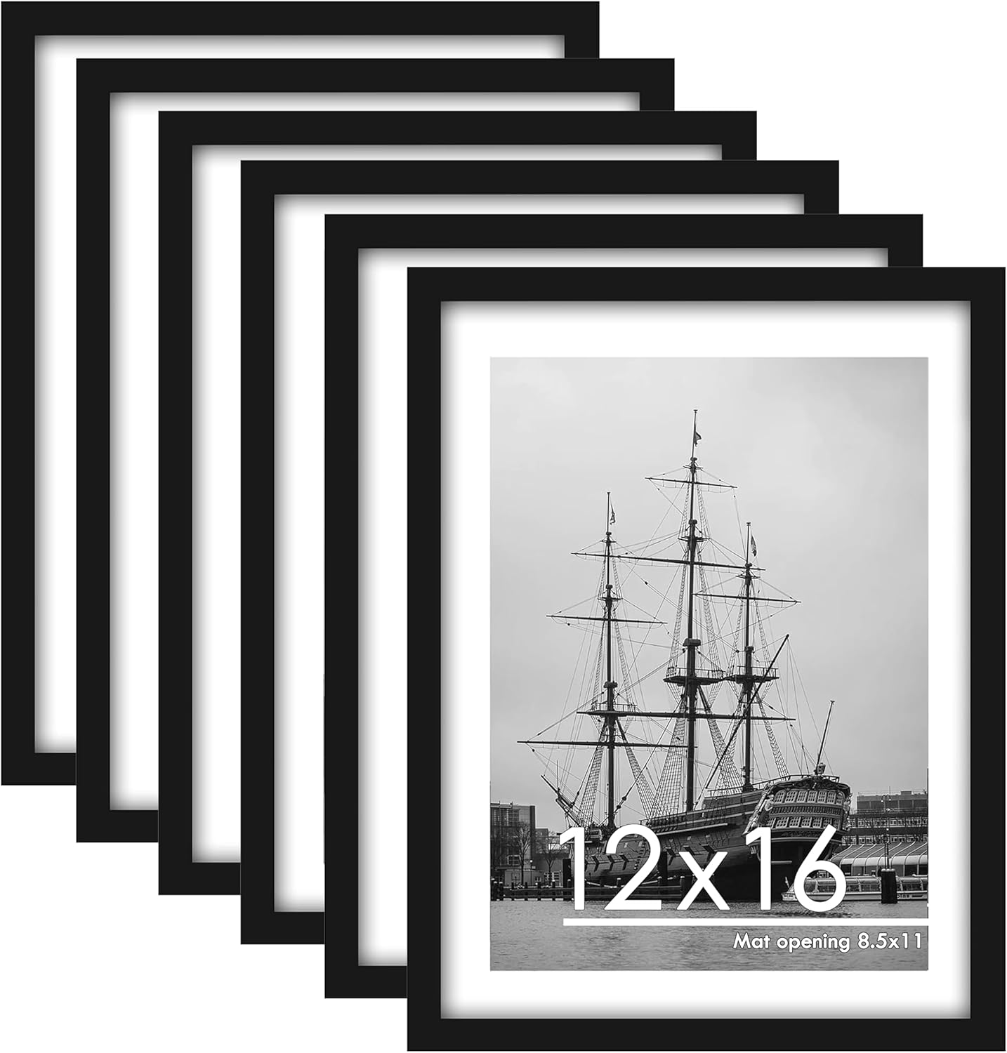 PEALSN 12x16 Picture Frame Set of 6, Display Pictures 8.5 x 11 with Mat or 12 x 16 Without Mat for Wall Mounting Display, Photo Frames Collage for Wall Decor, Black. Black 12x16