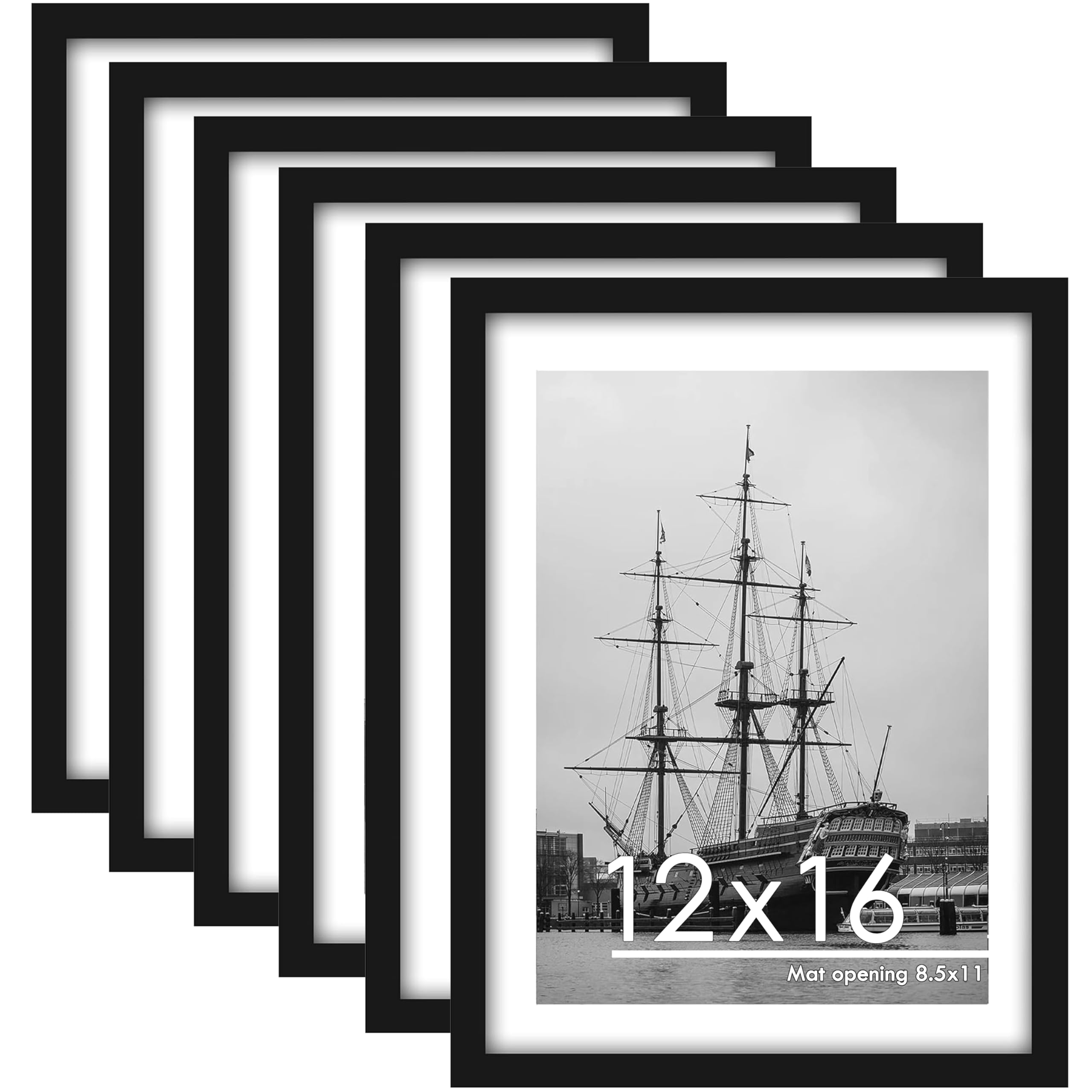 PEALSN 12x16 Picture Frame Set of 6, Display Pictures 8.5 x 11 with Mat or 12 x 16 without Mat for Wall Mounting Display, Photo Frames Collage for Wall Decor, Black.