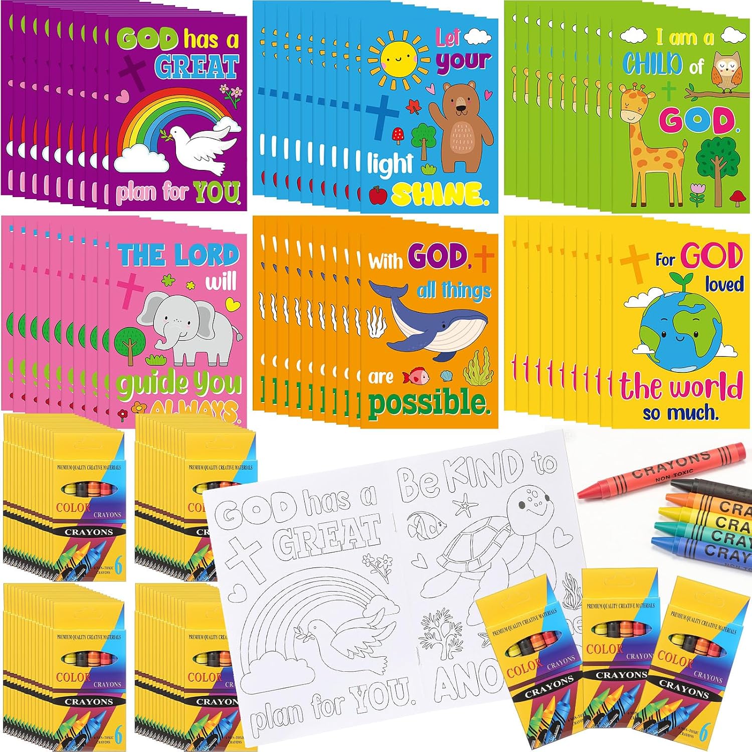 Gilprop 420pcs Mini Christian Coloring Books with Crayons for Kids,Animals | Bible Story Theme, Religious Activity Book Bulk, VBS Sunday School Classroom Church, Art DIY Craft, Jesus Party Favor Gift