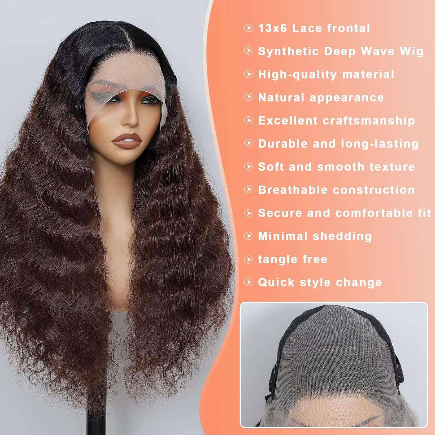 13x6 Deep Wave Synthetic Lace Front Wigs For Black Women 26inch Highlight Brown Mix Black Deep Culry Wig HD Lace Pre Plucked Middle Part Ombre Lace Wig Natural Hairline(#OT1B/33B)