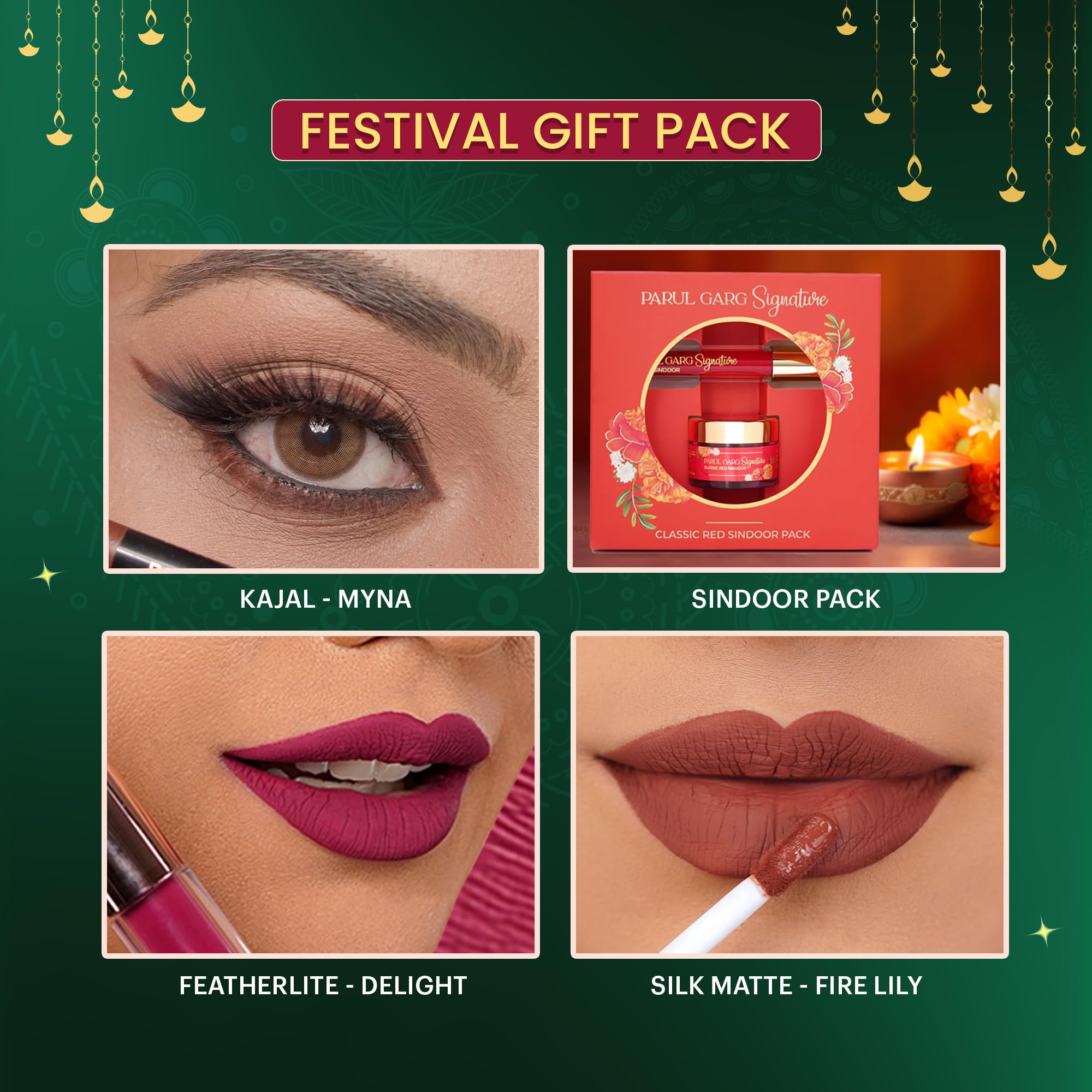 Parul Garg Beauty Festival Gift Pack | Classic Red Sindoor, Smudge-Proof Brown Kajal, 2 Long-Lasting Liquid Lipsticks | Festive Makeup Gift Combo with Green Potli Bag | Ideal Gift for Women - Image 3 thumbnail