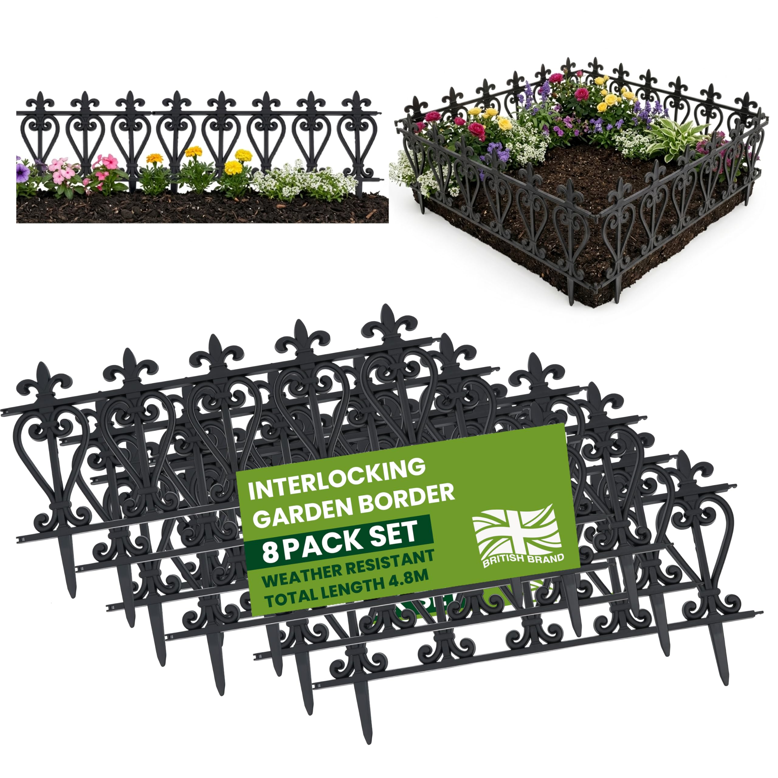 My Garden Fence Panels 8 Pack - 4.8M Decorative Garden Edging Panels with Secure Ground Stakes - Weather-Resistant Inter-Locking Fence Edging, Easy Hammer-In Setup for Paths, Lawns & Flower Beds