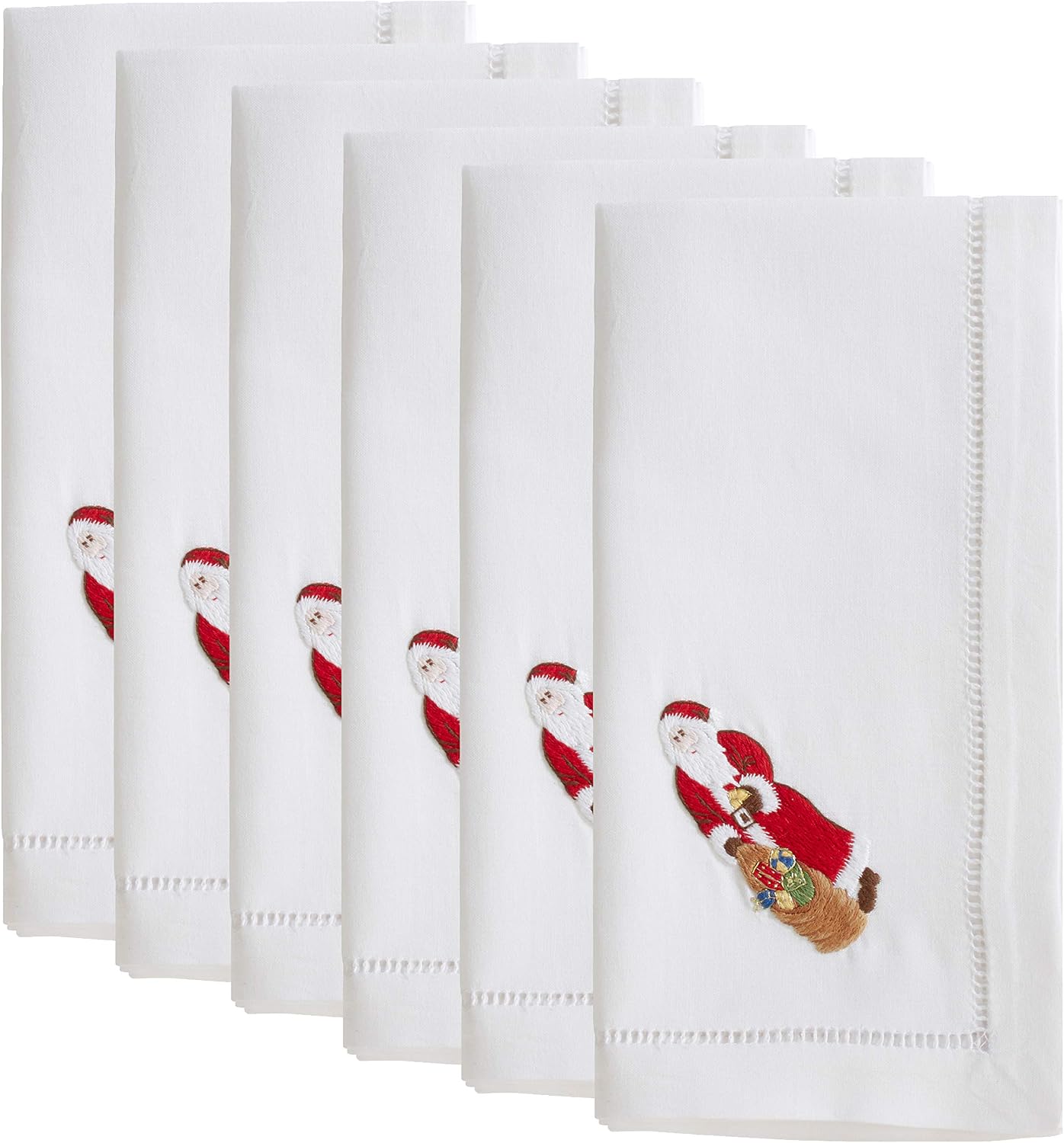 Handmade Santa Embroidery Napkin with Hemstitched Border (Set of 6)