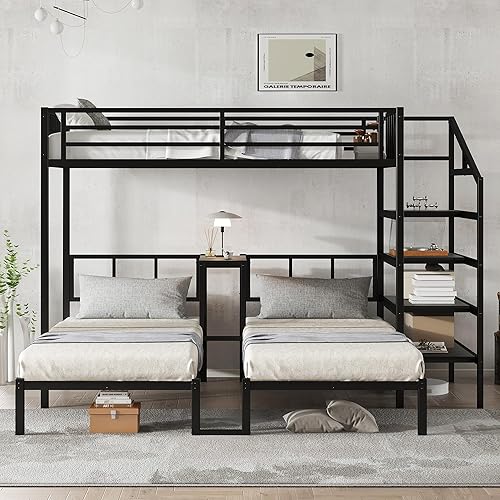 Miniatura 10 de JIVOIT Litera individual en forma de L sobre cama matrimonial adjunta litera triple de metal con escritorio integrado y tobogán marco de literas de