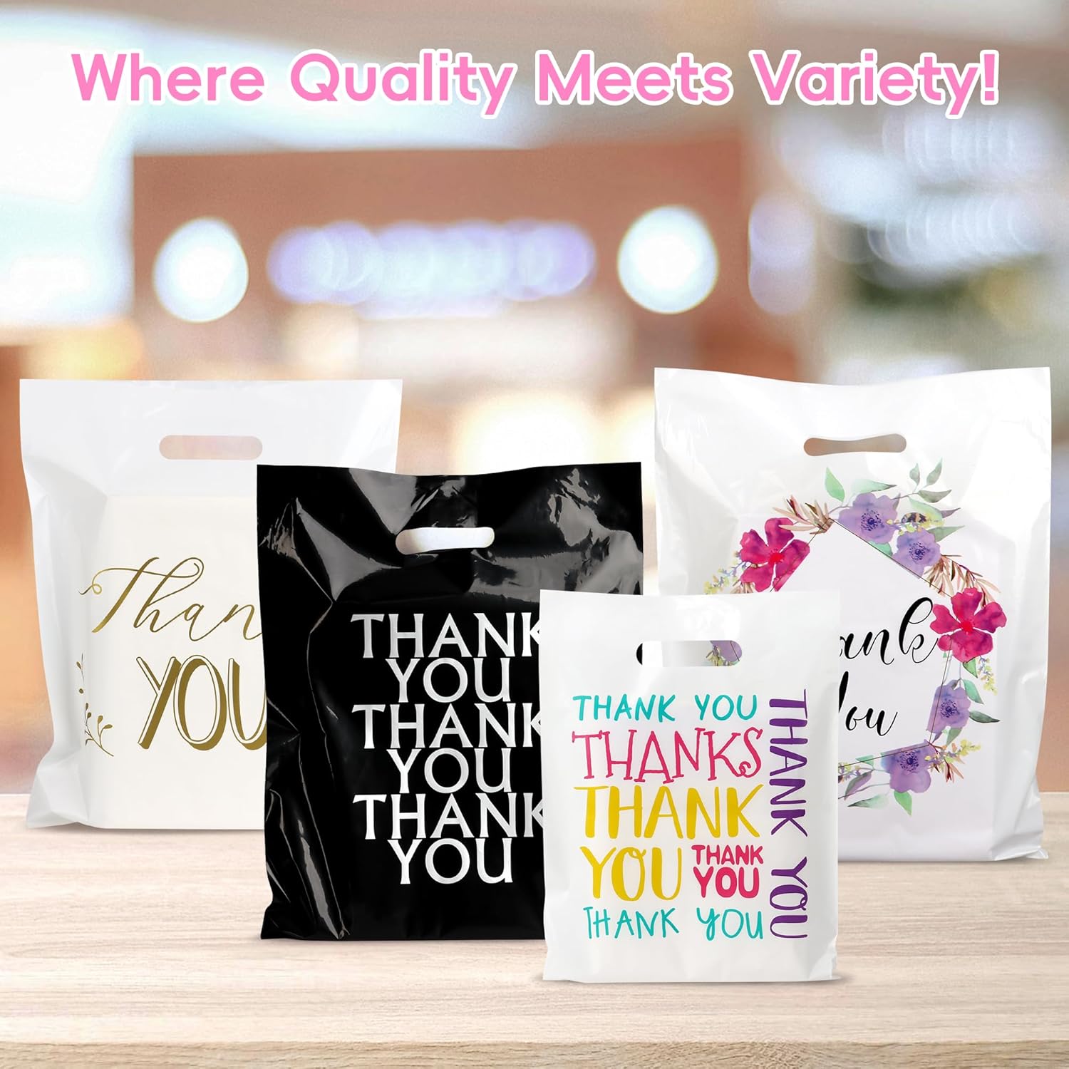 Colorful Thank You Plastic Bags Bulk - 9"x12" Small Retail Shopping Bags with Die Cut Handle, 100 Pack - Perfect for Small Businesse, Boutiques, Merchandise, Clothing, Gifts, Goodie Party Favors - Image 9