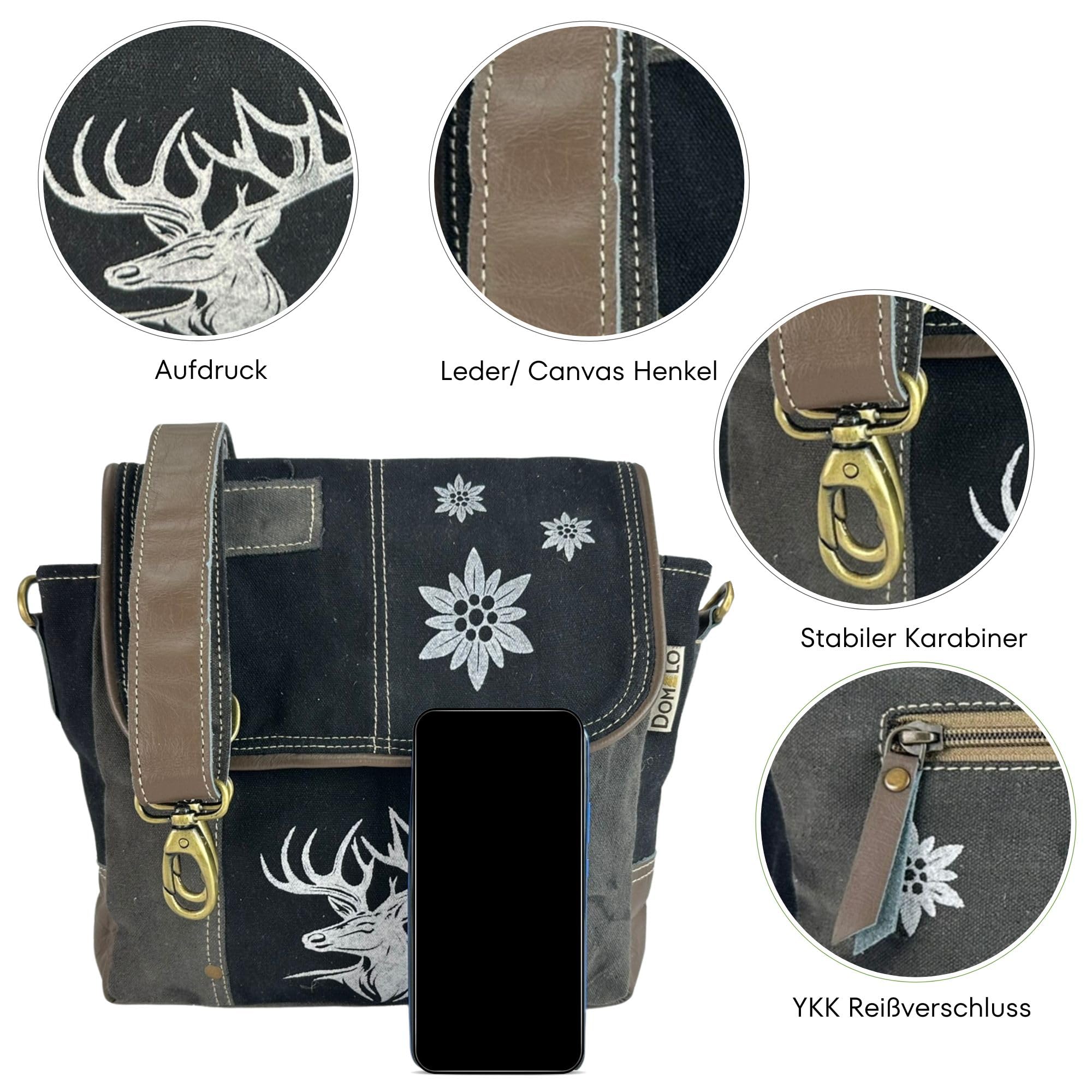 Domelo Trachtentasche. Schwarz/grau Messenger Tasche nit Hirsch/Edelweiß
