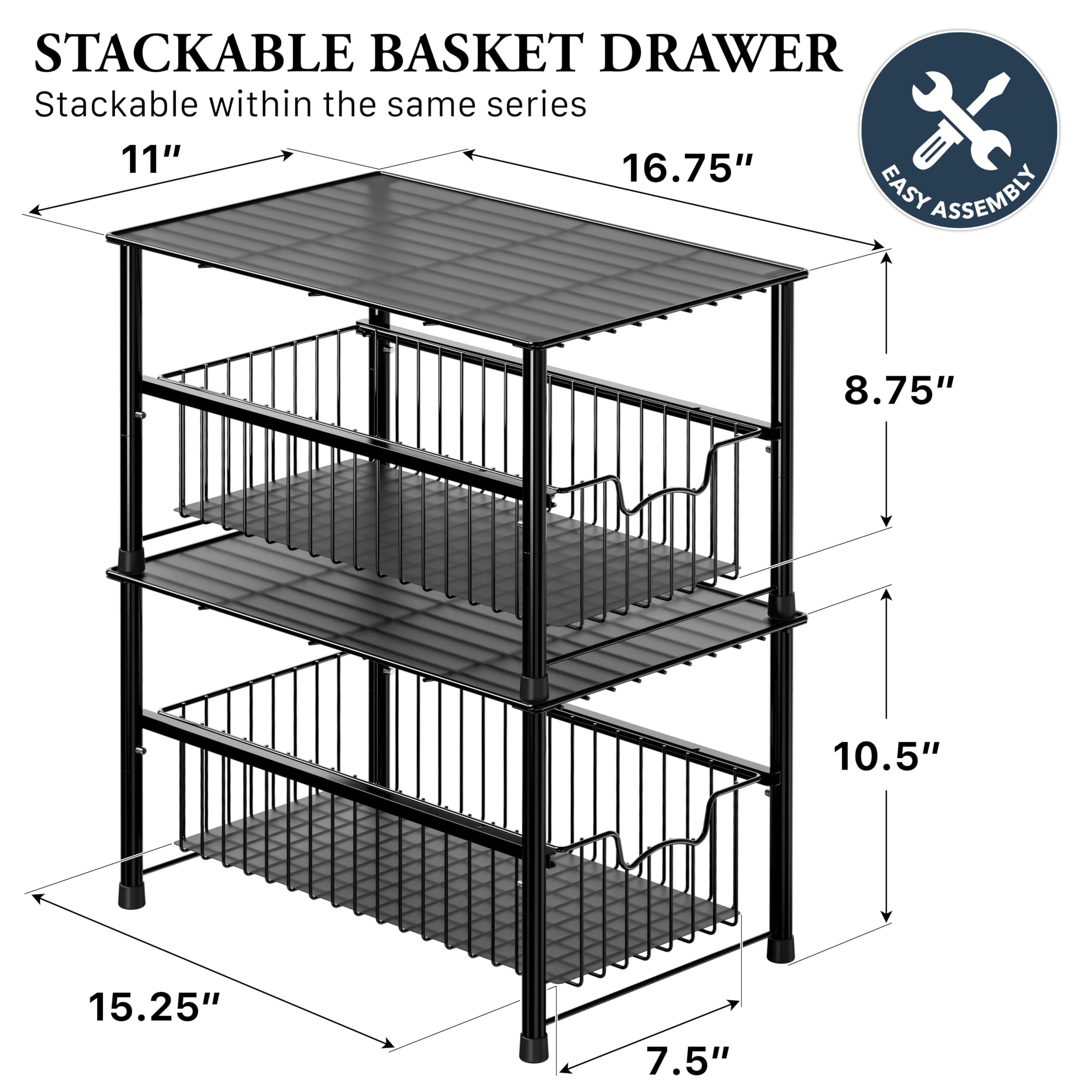 Simple Houseware Stapelbarer Unterschrank mit Schiebekorb und Schublade, Schwarz