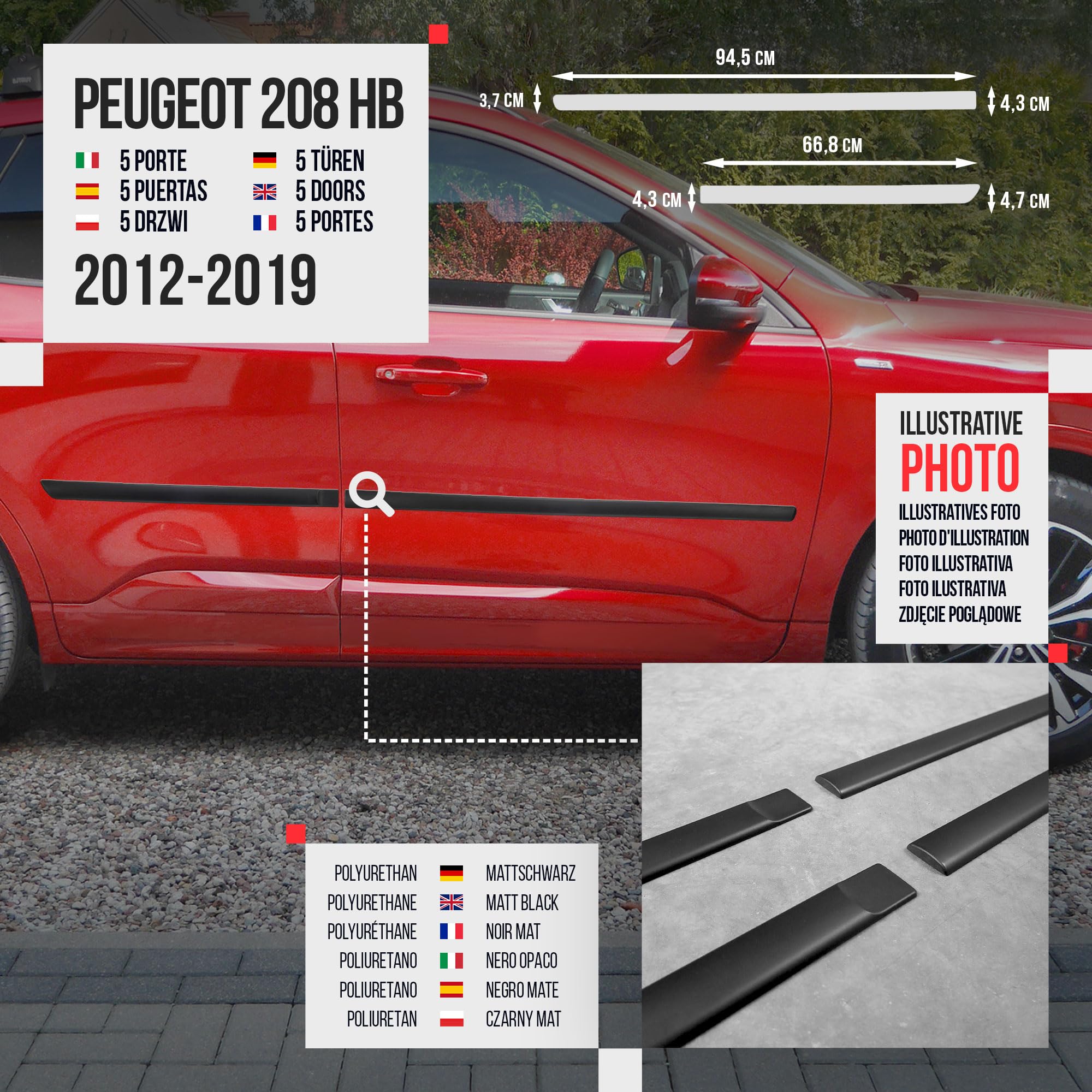 CHROMEMASTER | Molduras Protectoras Laterales para Puertas de Coche | Compatibles con Peugeot 208 5 Puertas Hatchback 2012-2019 | El plastico | Molduras protegen Las Puertas del Coche de daños