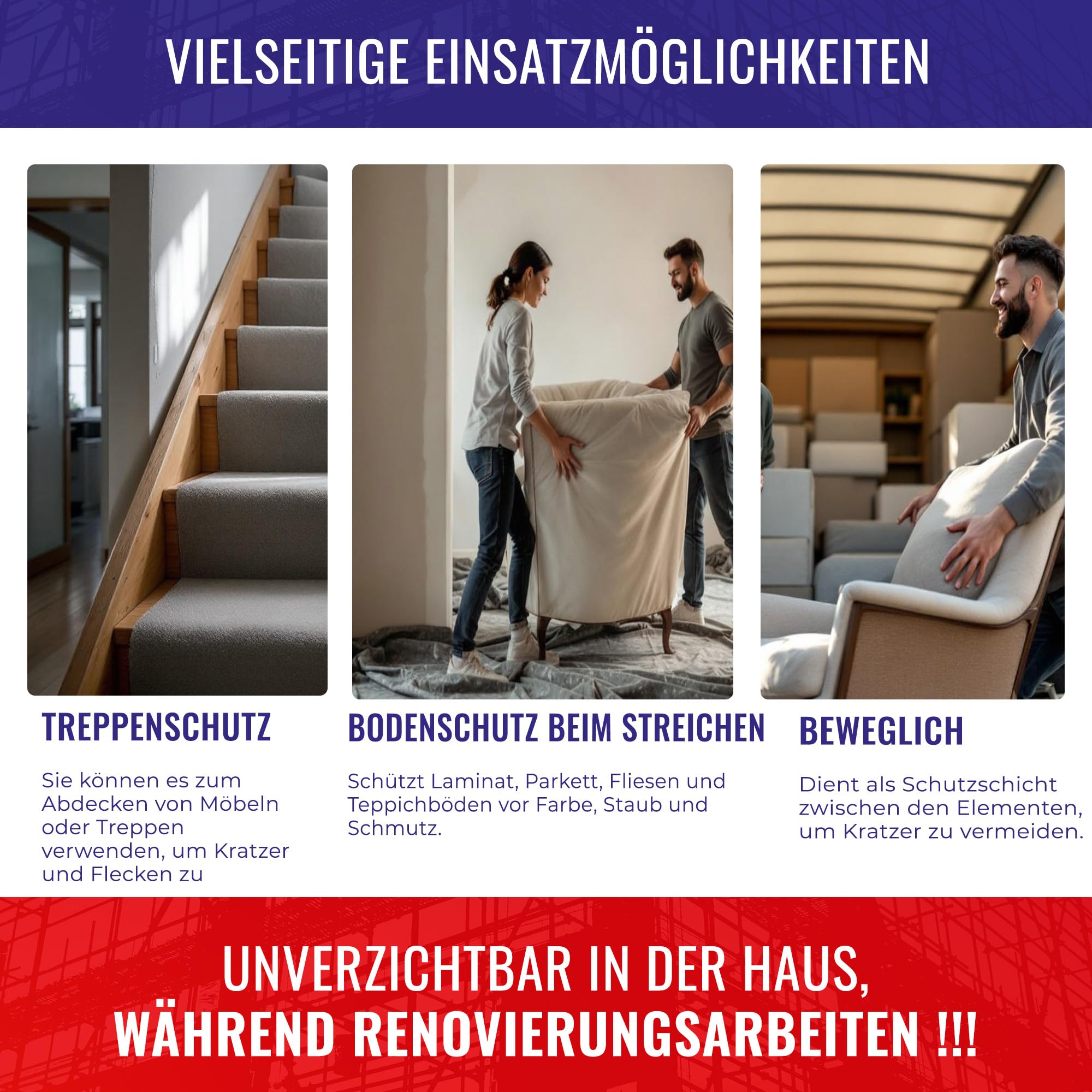 Chle-Mar – 5x Mata Malarska 10 m x 1 m 180 g/m² | Włóknina Ochronna z Folią PE Wodoodporna i Antypoślizgowa | Wielorazowa Mata Renowacyjna do Ochrony Podłóg i Schodów | Włóknina Malarska do Remontu