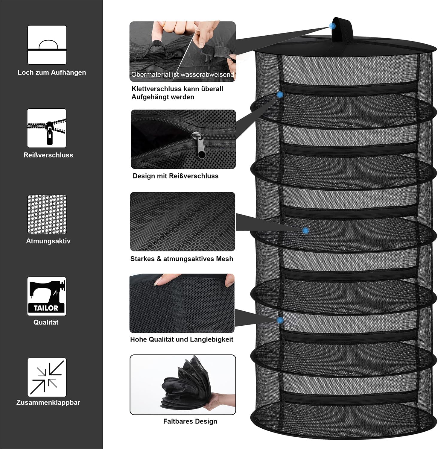 Desy & Feeci Drying Net Herbs 6-Layer Hanging Herbs Drying Rack Drying Net with Zips, Black, 60 x 120 cm