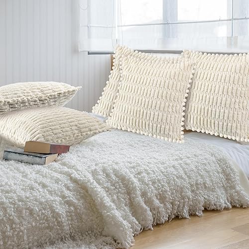 Miniatura 4 de Newwiee 6 fundas de almohada decorativas de pana navideña de 18 x 18 pulgadas, fundas de almohada bohemias a rayas suaves con pompones, fundas de